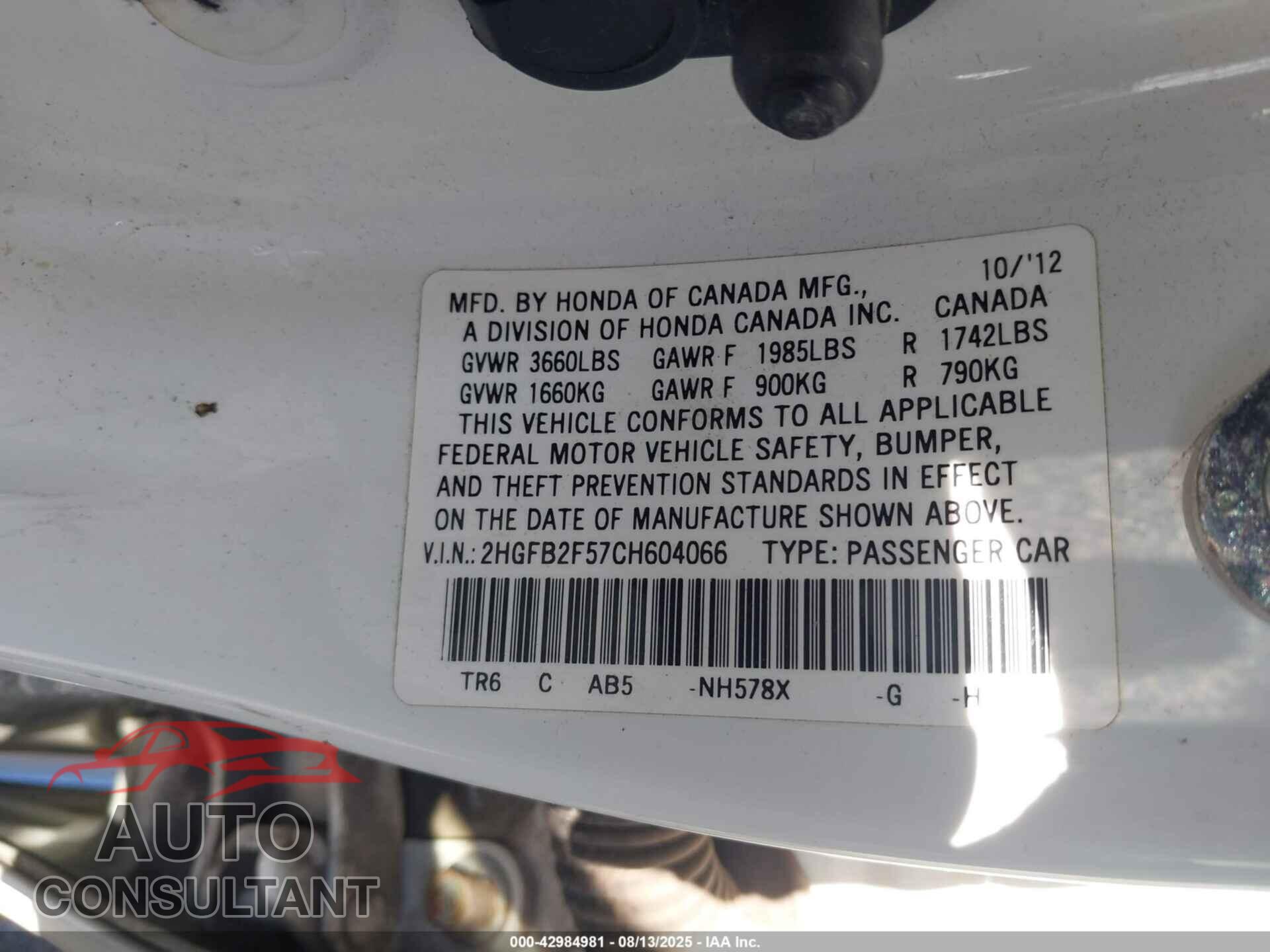 HONDA CIVIC 2012 - 2HGFB2F57CH604066