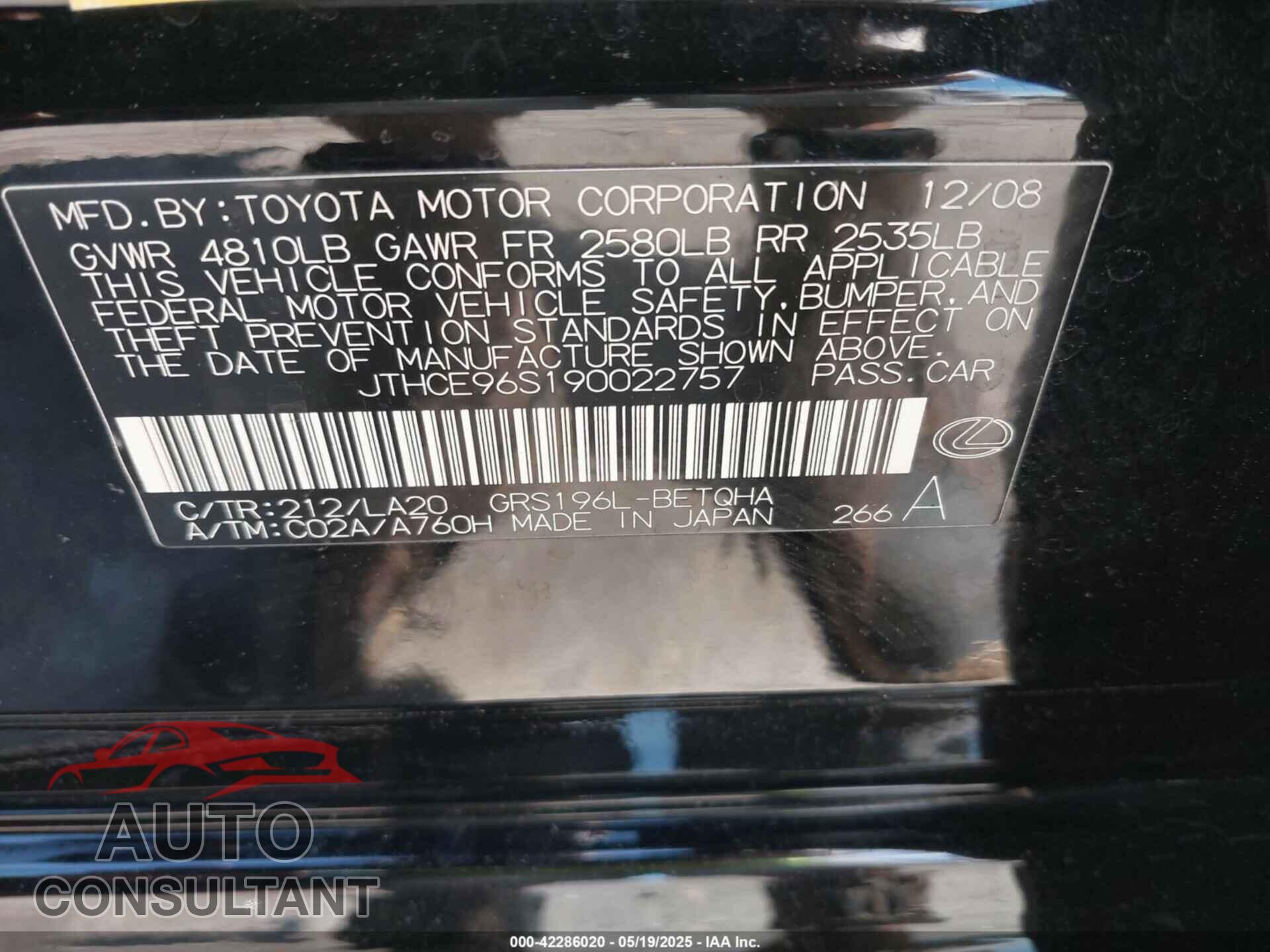 LEXUS GS 350 2009 - JTHCE96S190022757