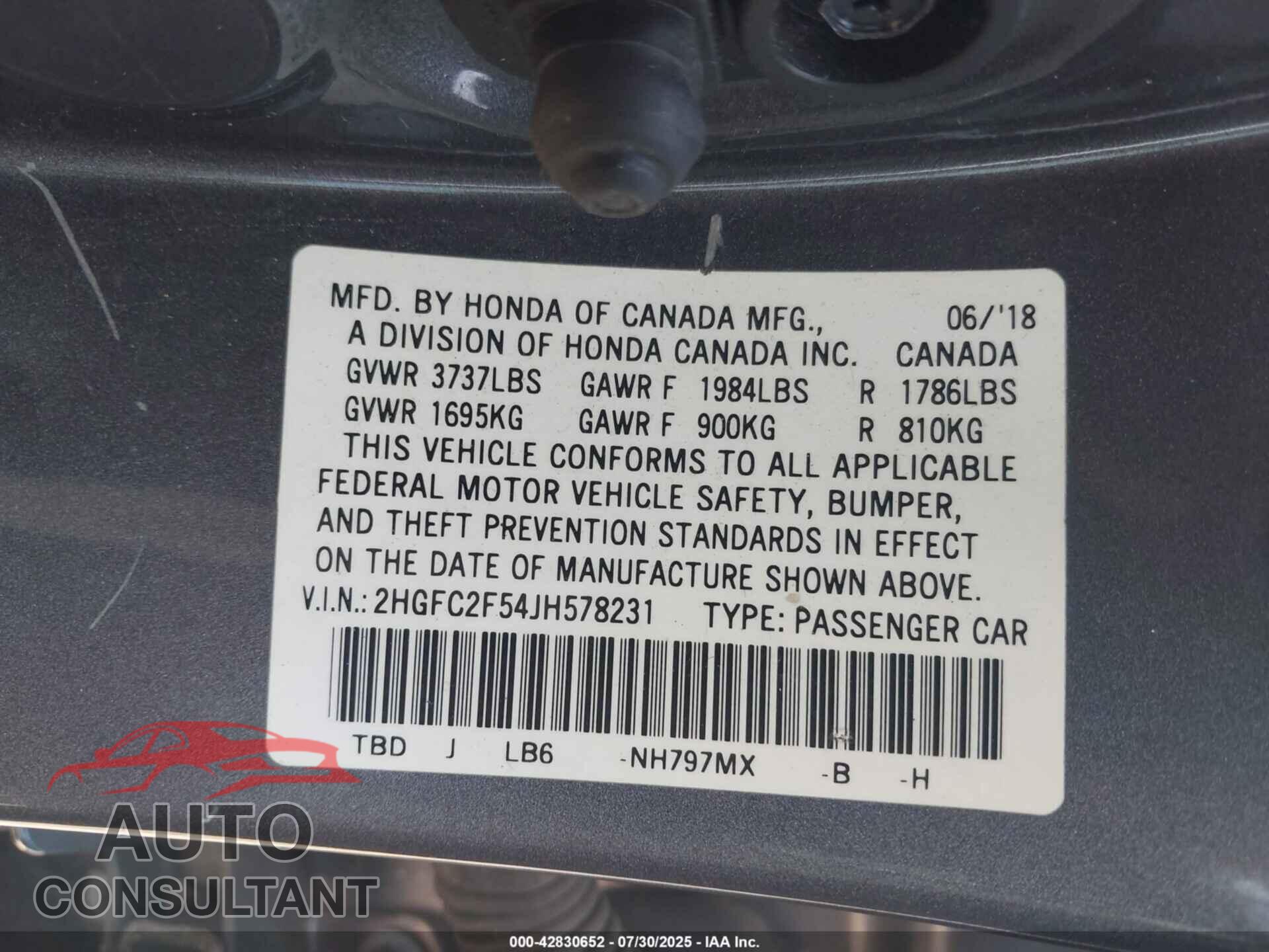 HONDA CIVIC 2018 - 2HGFC2F54JH578231