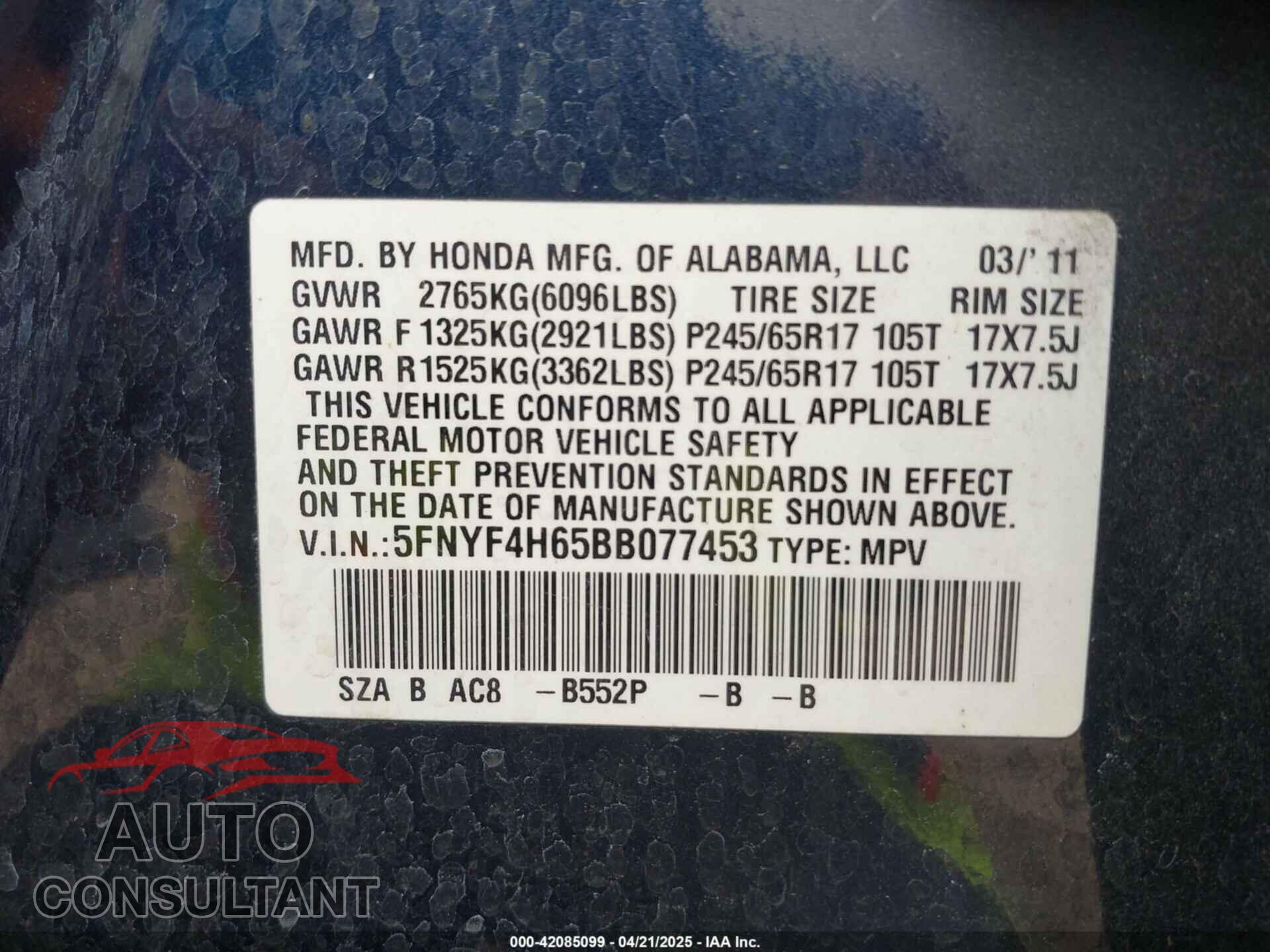 HONDA PILOT 2011 - 5FNYF4H65BB077453