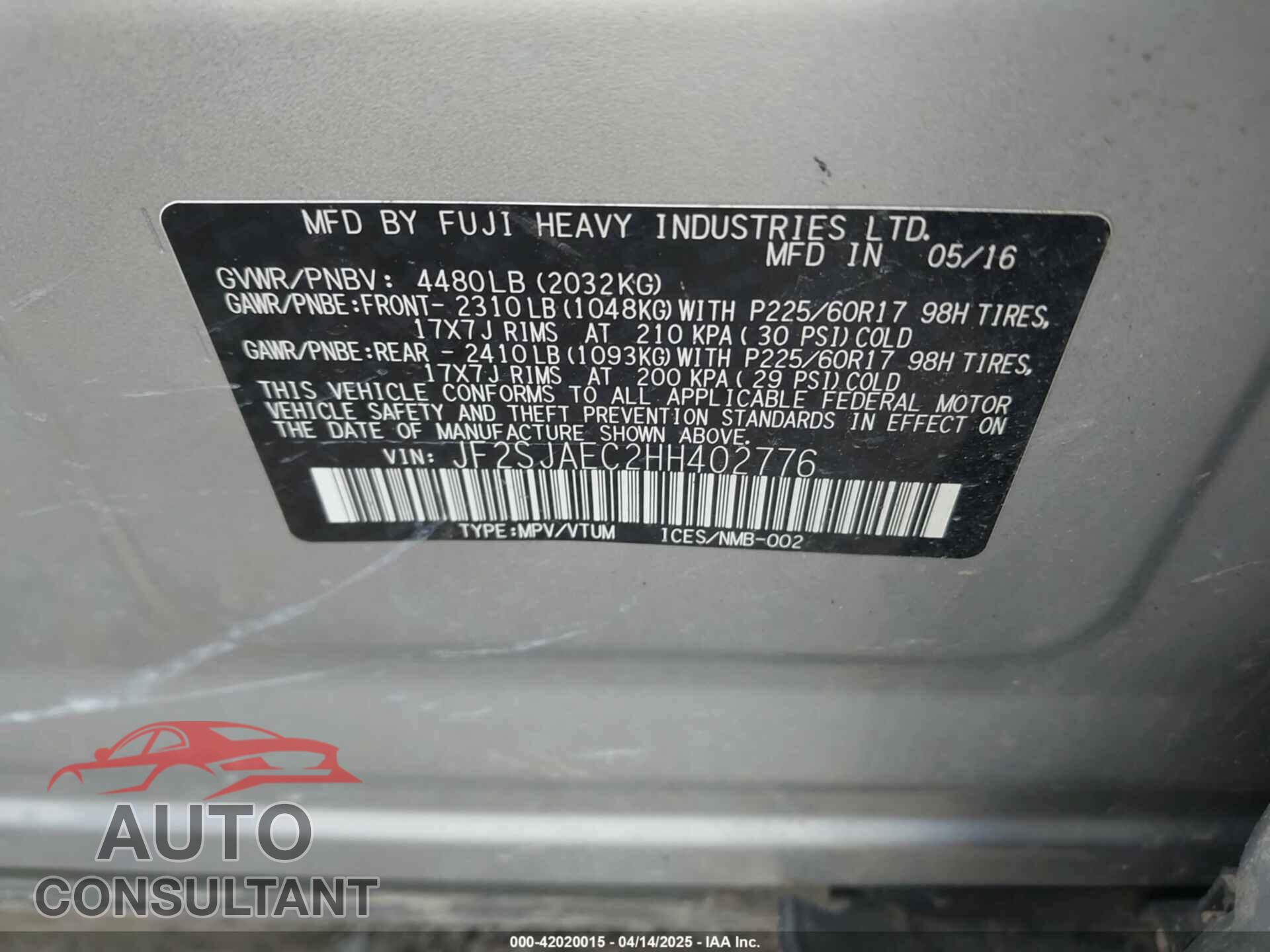 SUBARU FORESTER 2017 - JF2SJAEC2HH402776