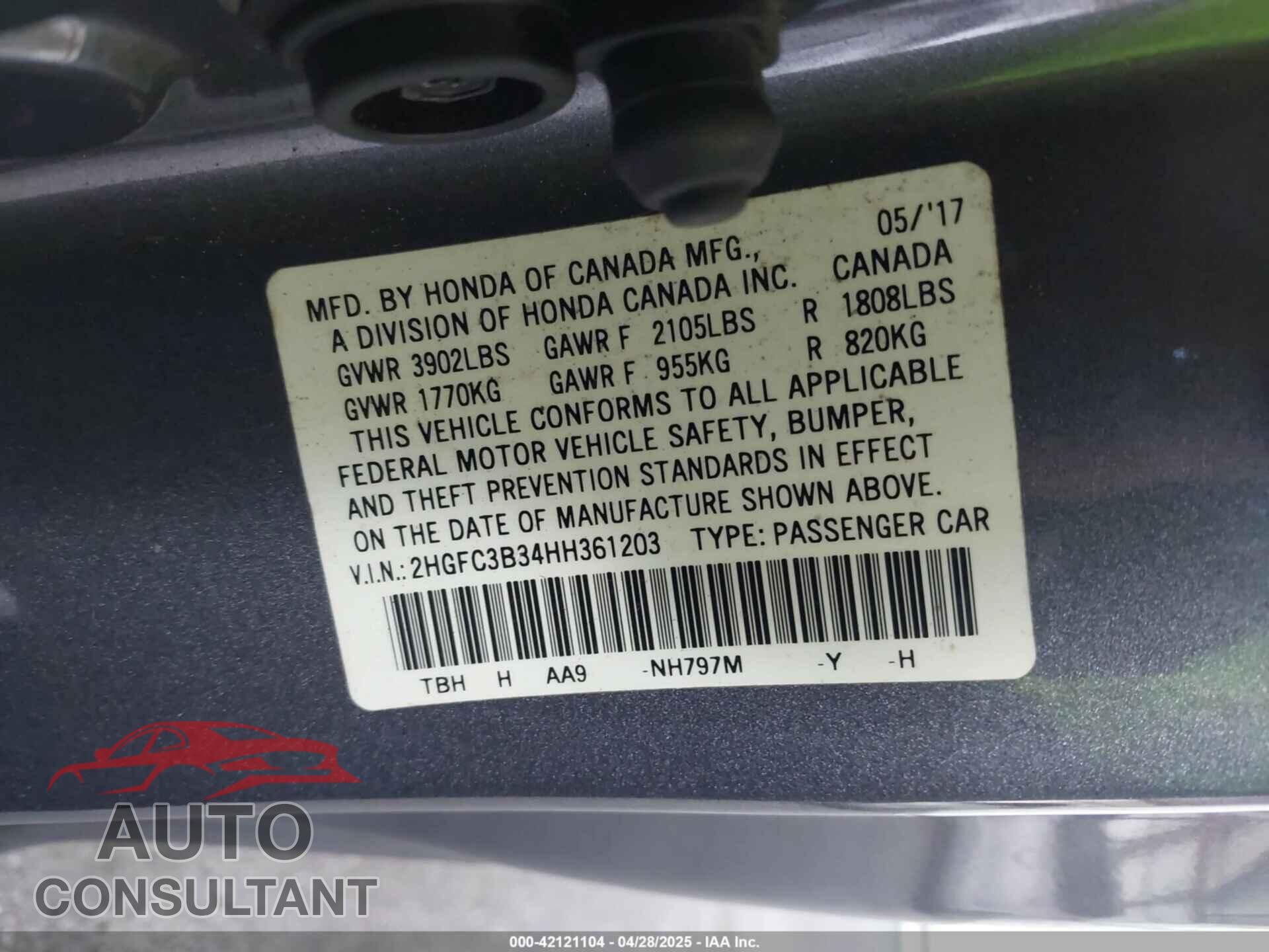 HONDA CIVIC 2017 - 2HGFC3B34HH361203