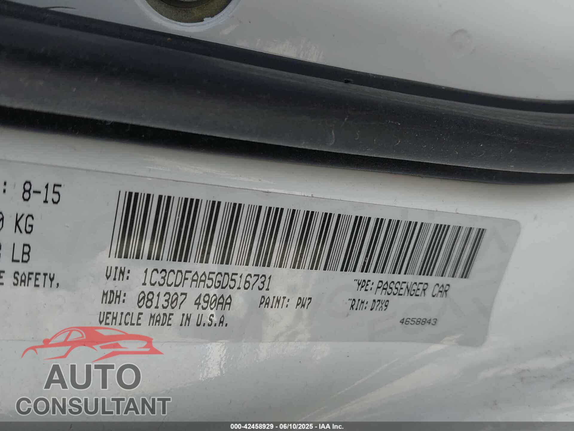 DODGE DART 2016 - 1C3CDFAA5GD516731