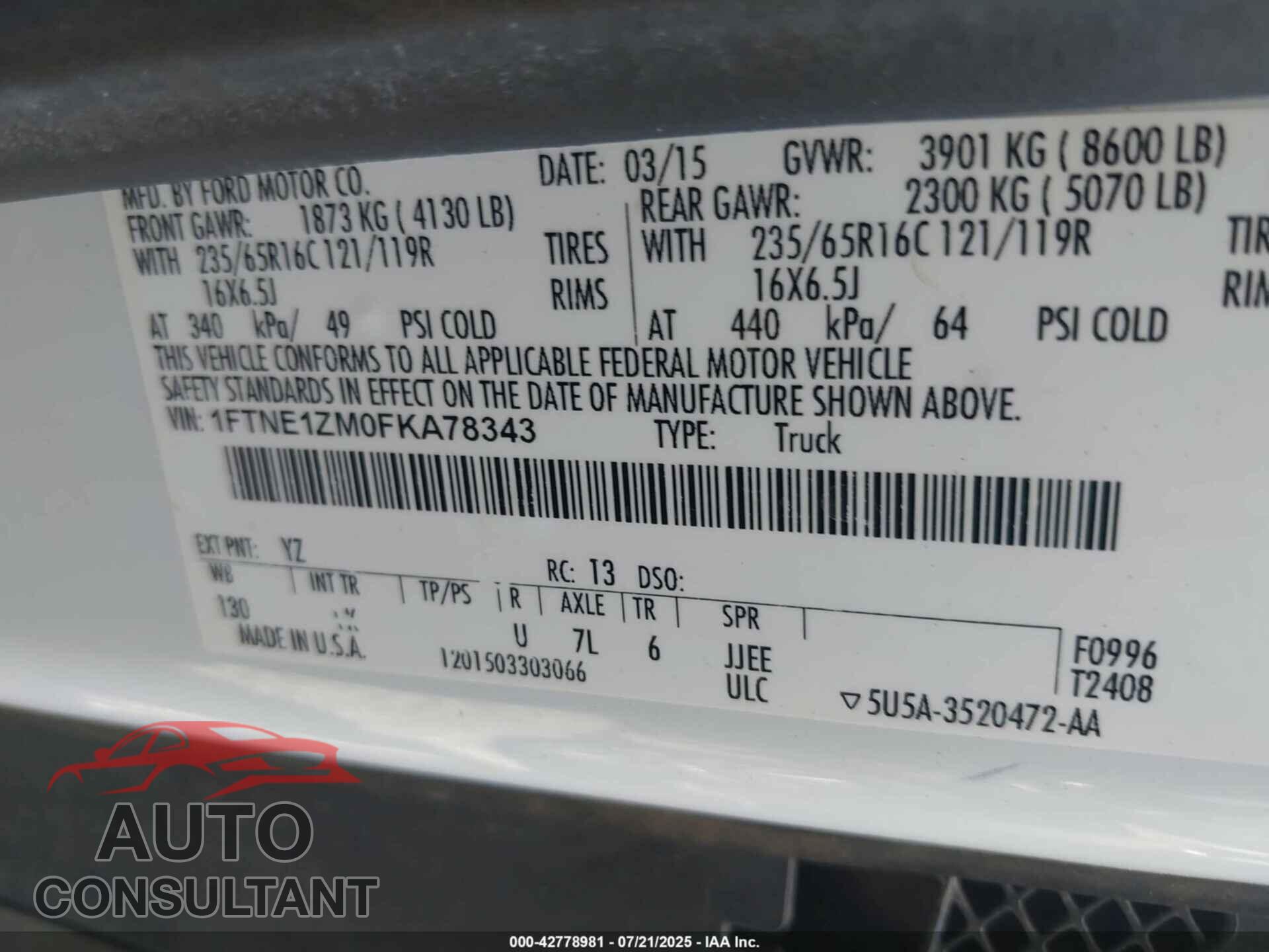 FORD TRANSIT-150 2015 - 1FTNE1ZM0FKA78343