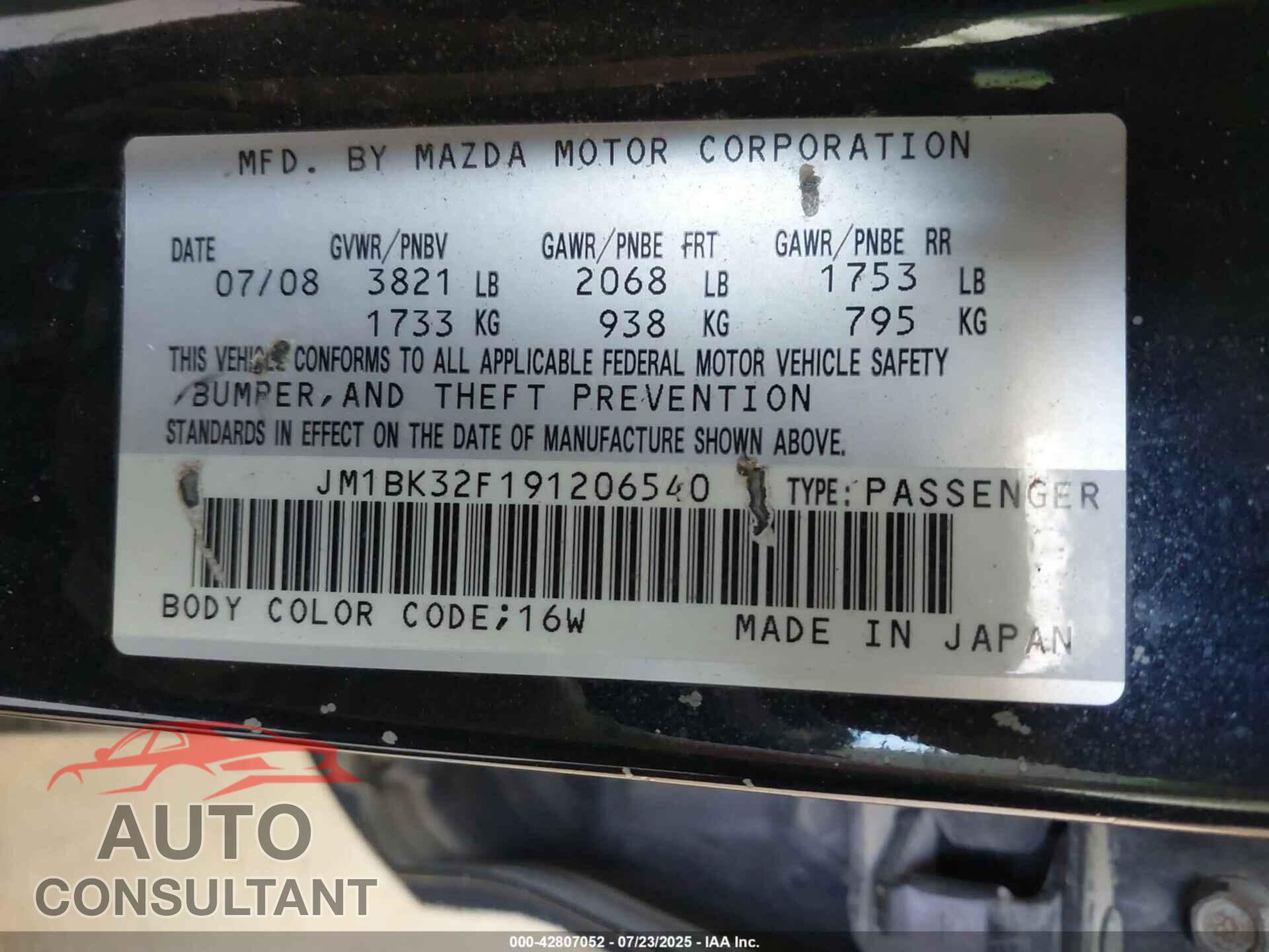 MAZDA MAZDA3 2009 - JM1BK32F191206540