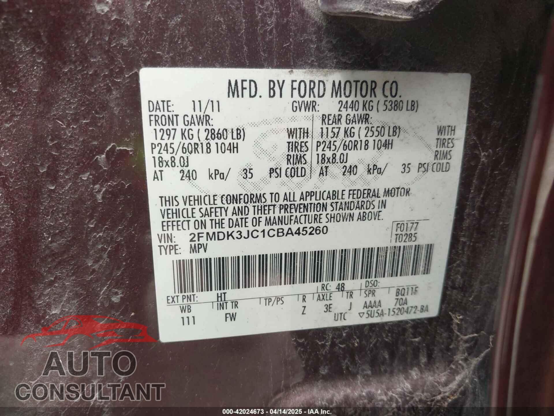 FORD EDGE 2012 - 2FMDK3JC1CBA45260
