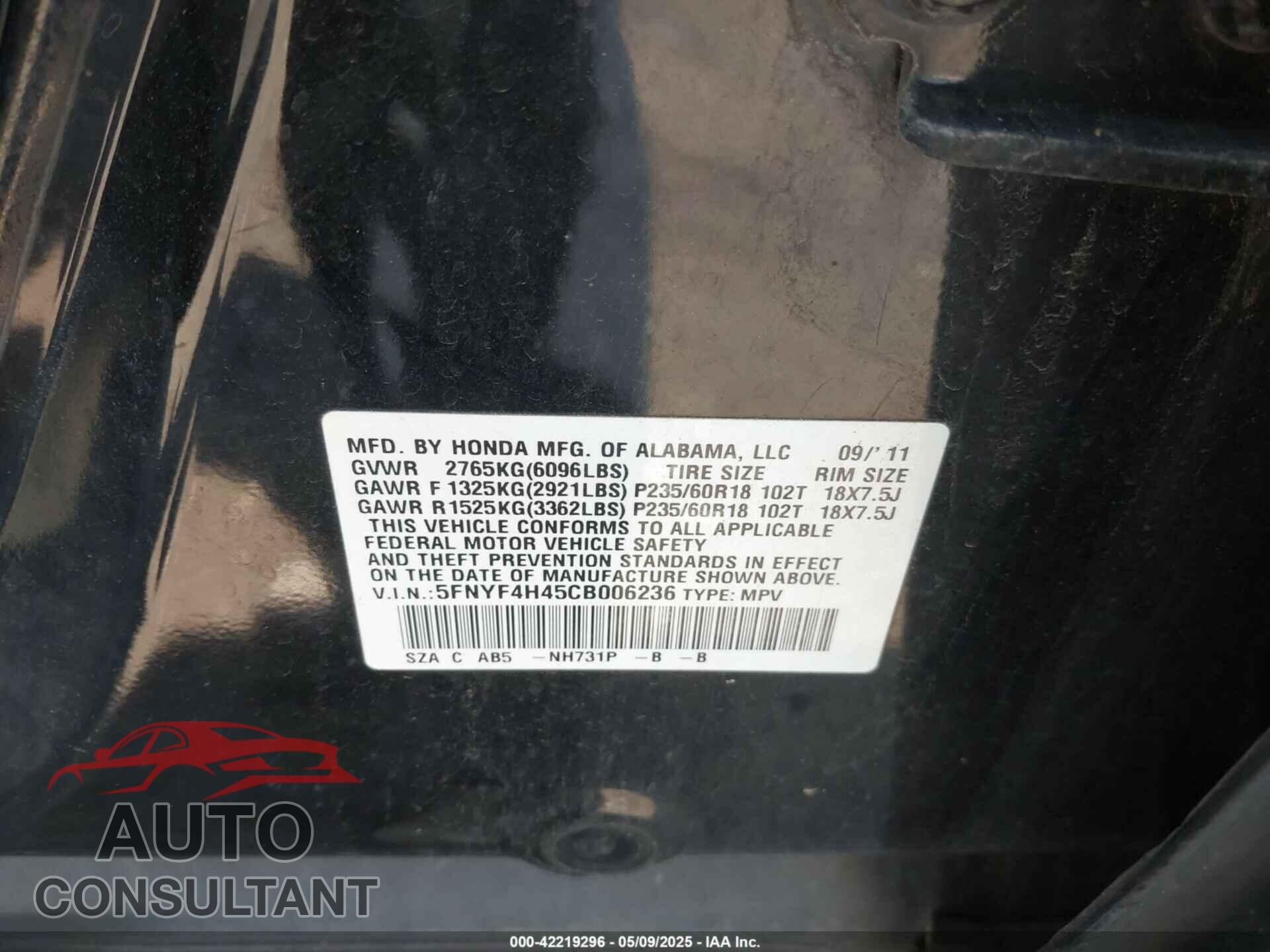 HONDA PILOT 2012 - 5FNYF4H45CB006236