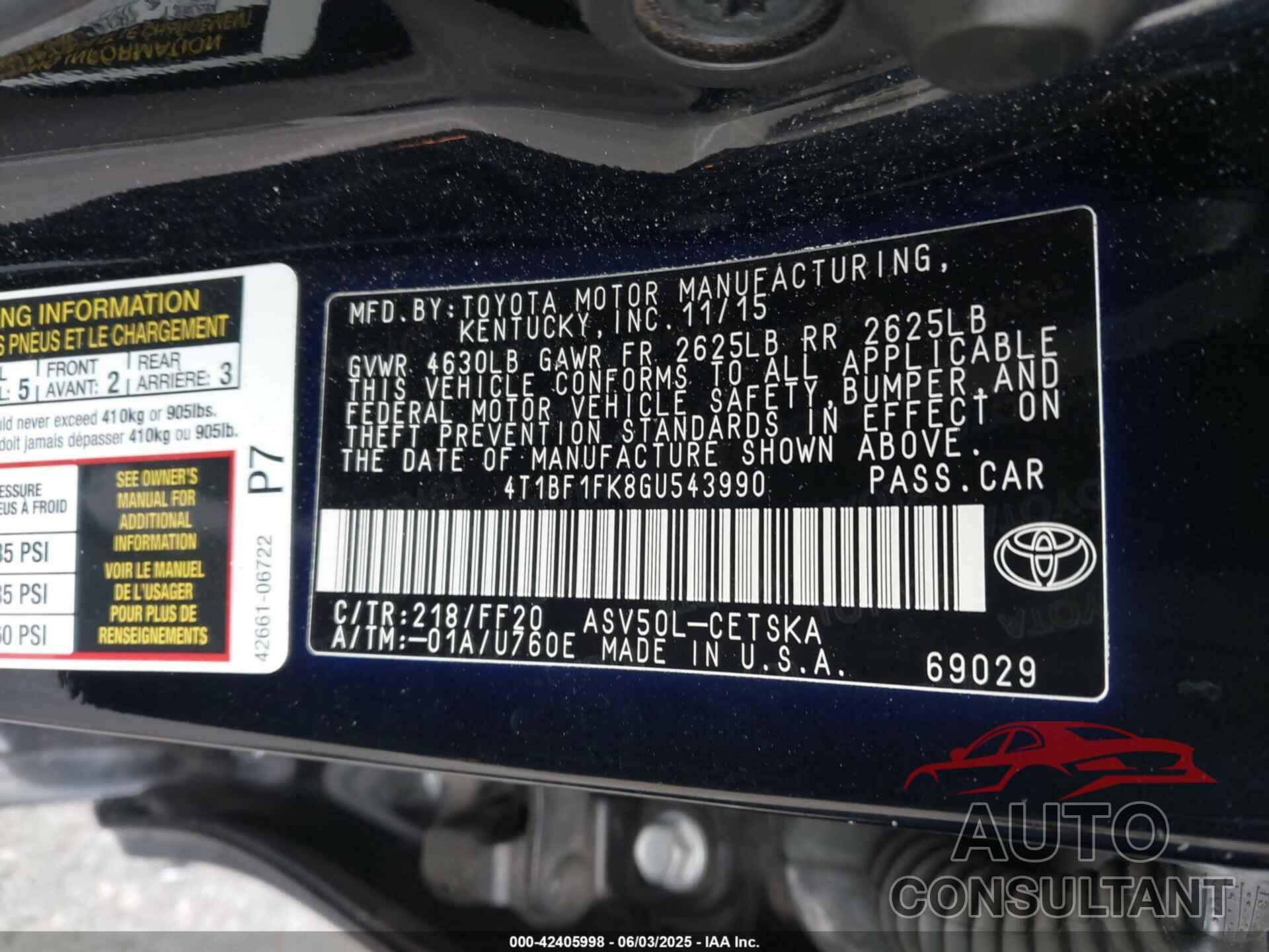 TOYOTA CAMRY 2016 - 4T1BF1FK8GU543990