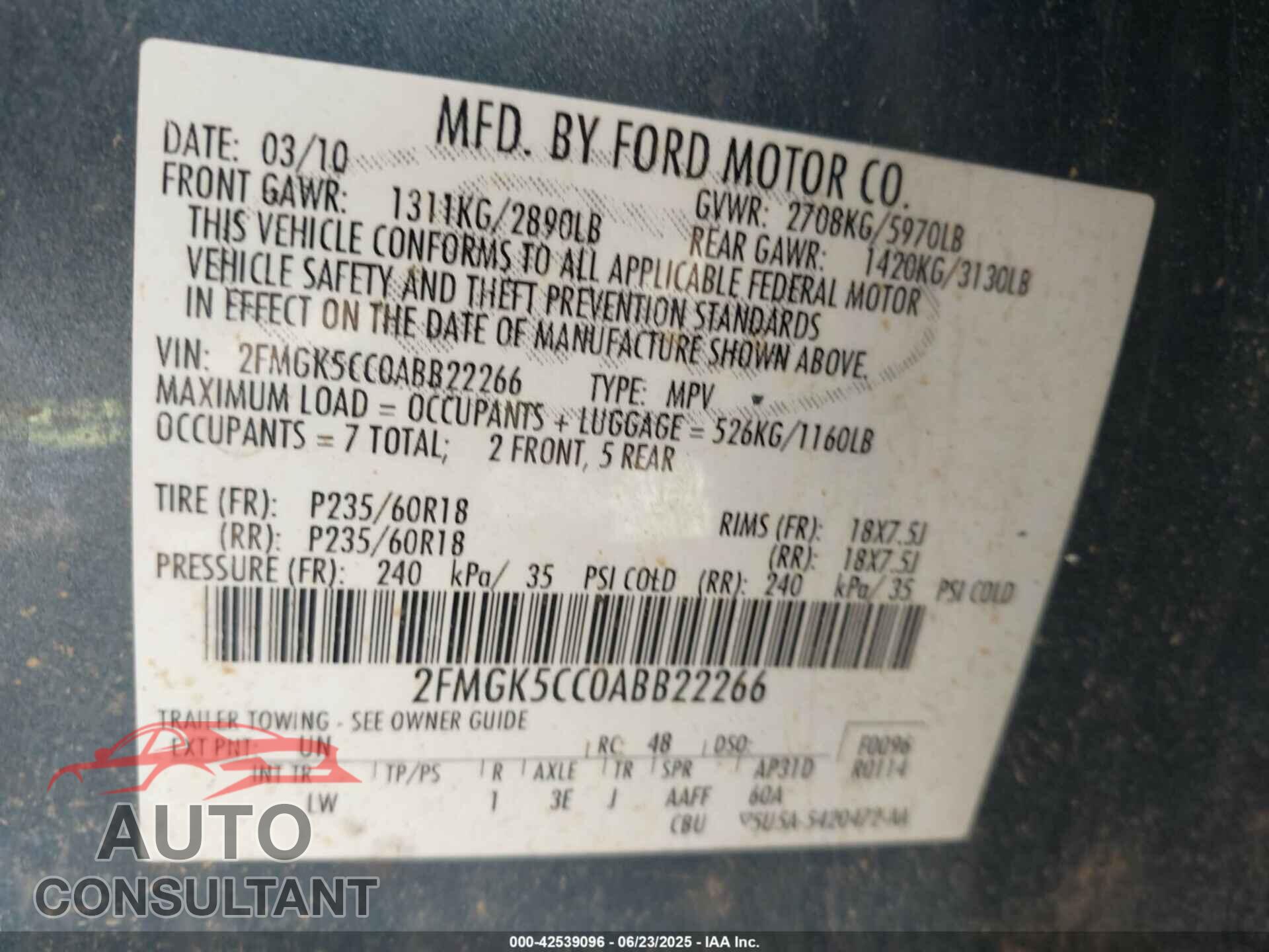 FORD FLEX 2010 - 2FMGK5CC0ABB22266
