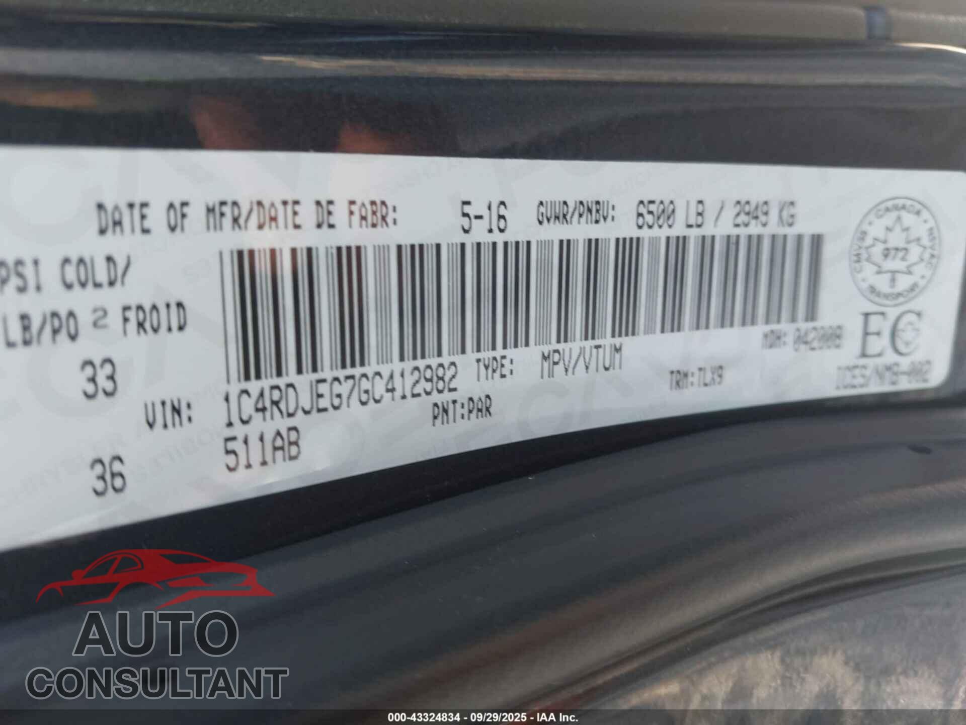 DODGE DURANGO 2016 - 1C4RDJEG7GC412982