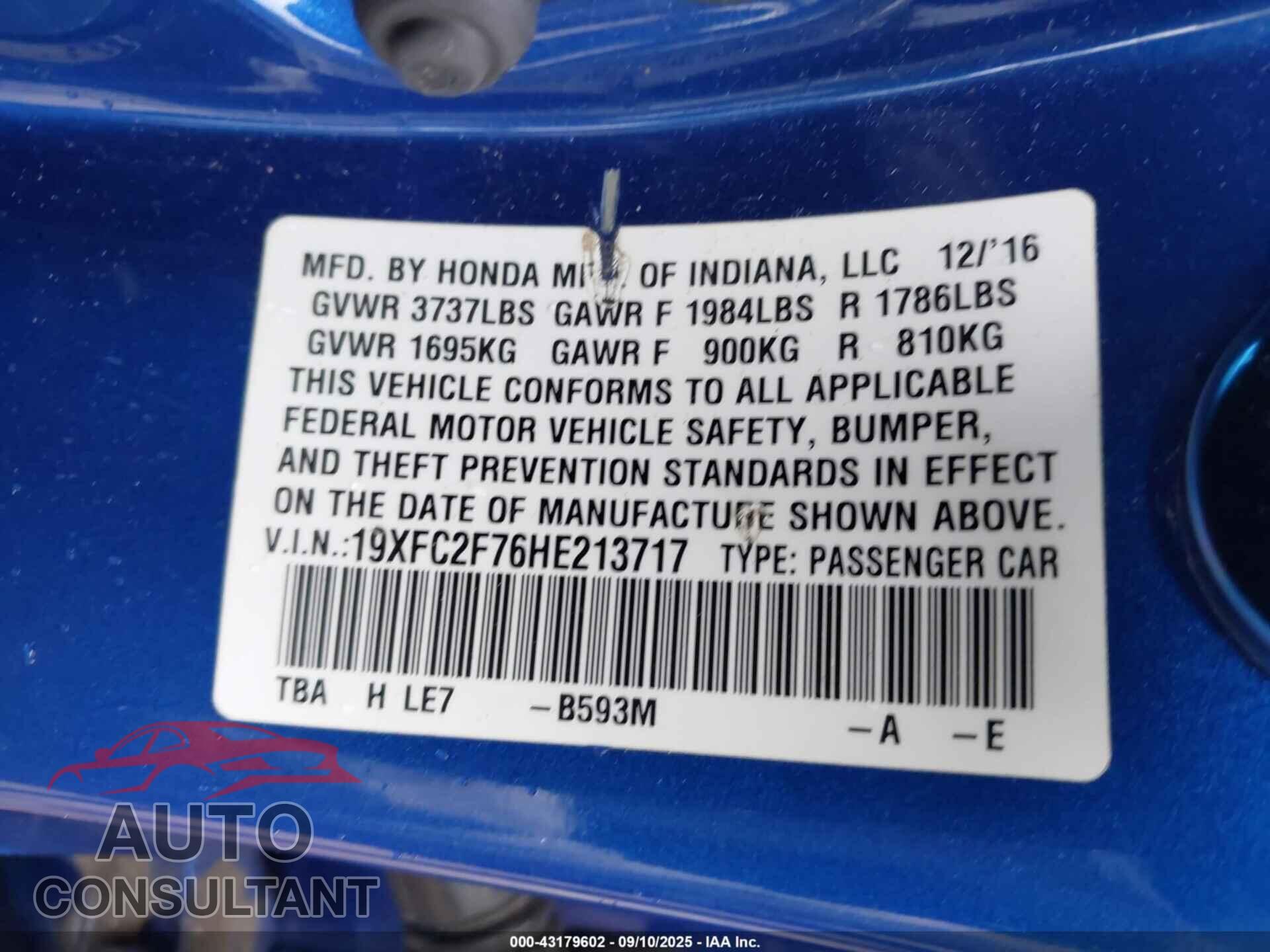 HONDA CIVIC 2017 - 19XFC2F76HE213717