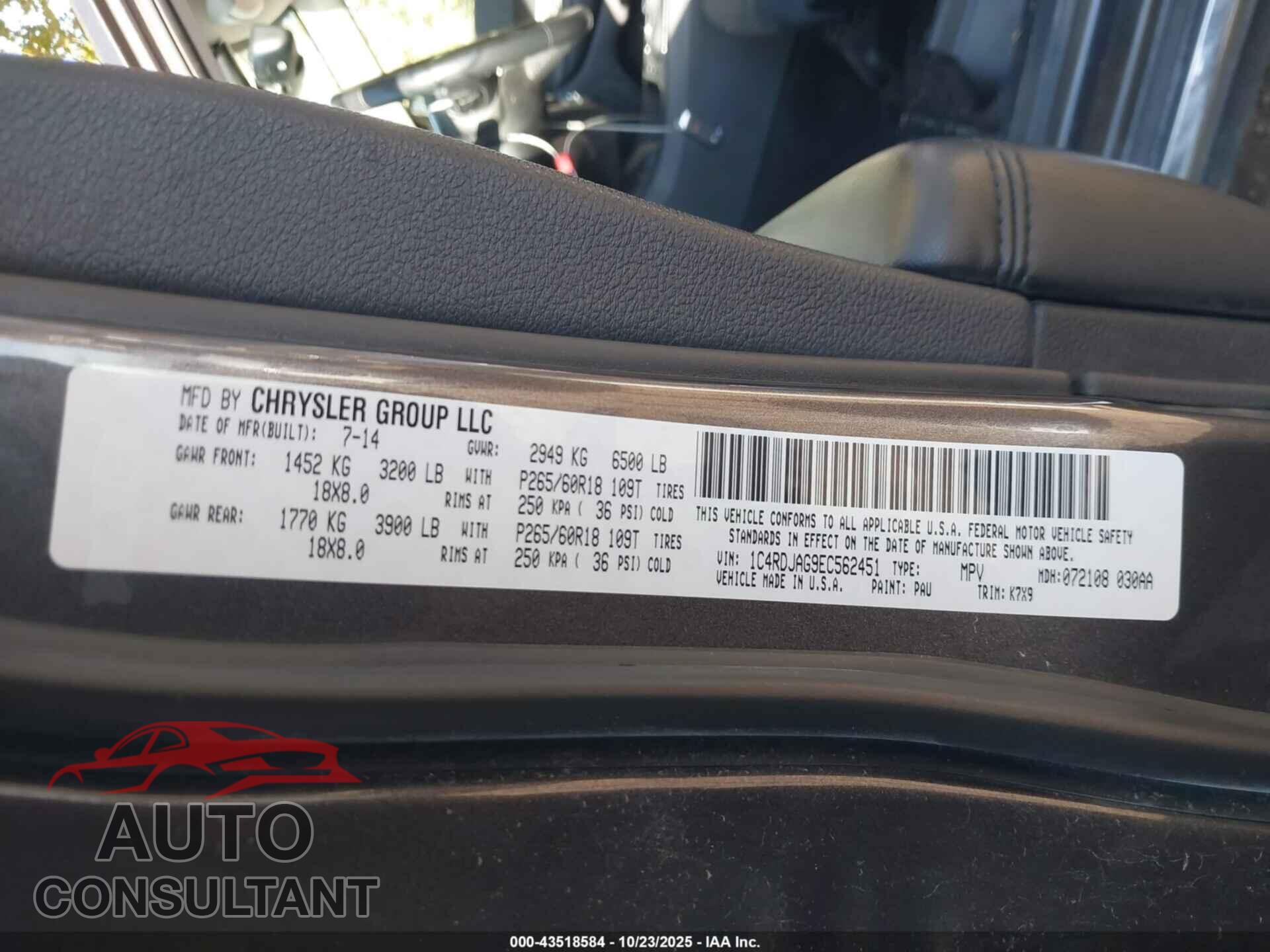 DODGE DURANGO 2014 - 1C4RDJAG9EC562451