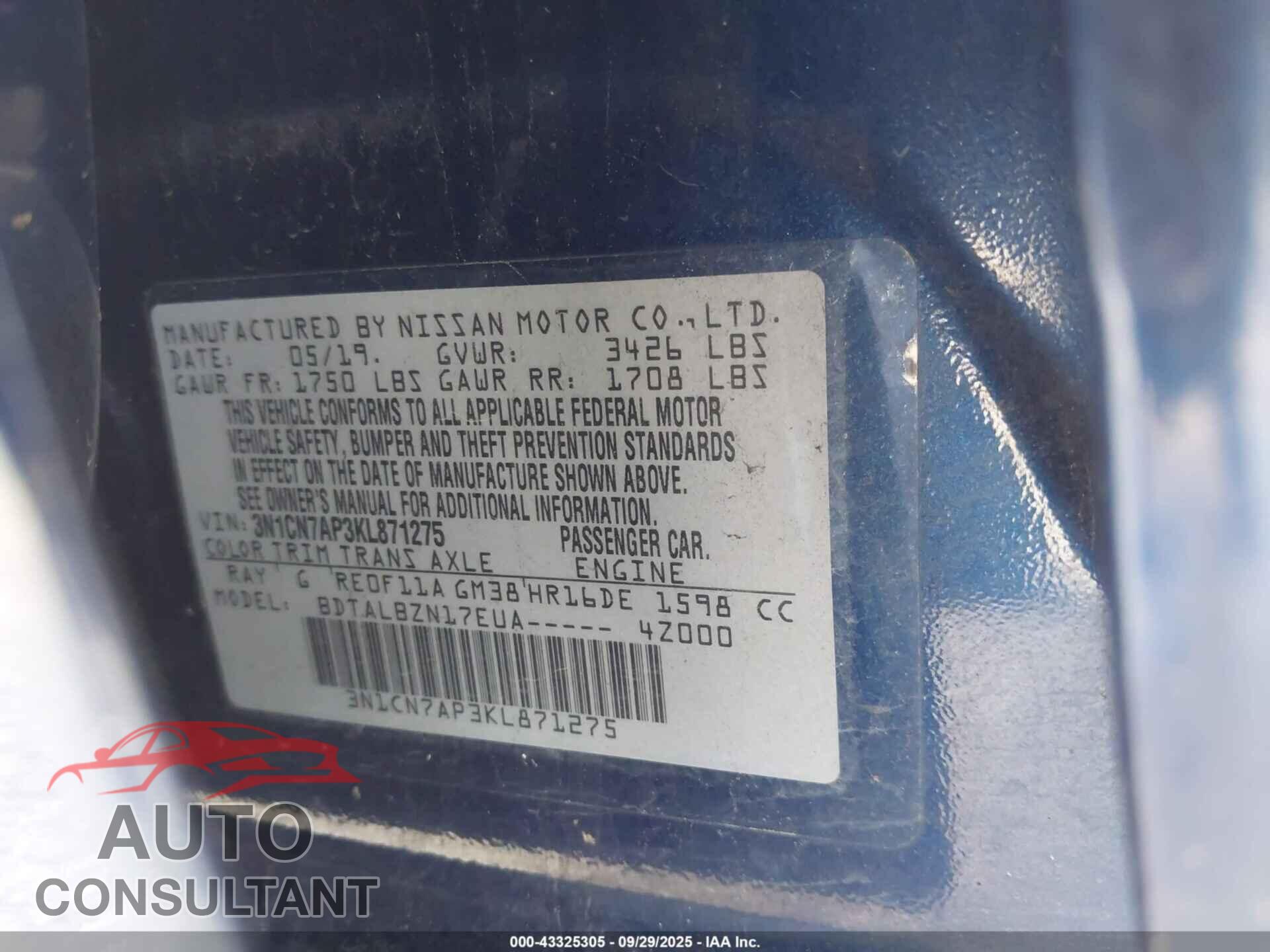 NISSAN VERSA 2019 - 3N1CN7AP3KL871275