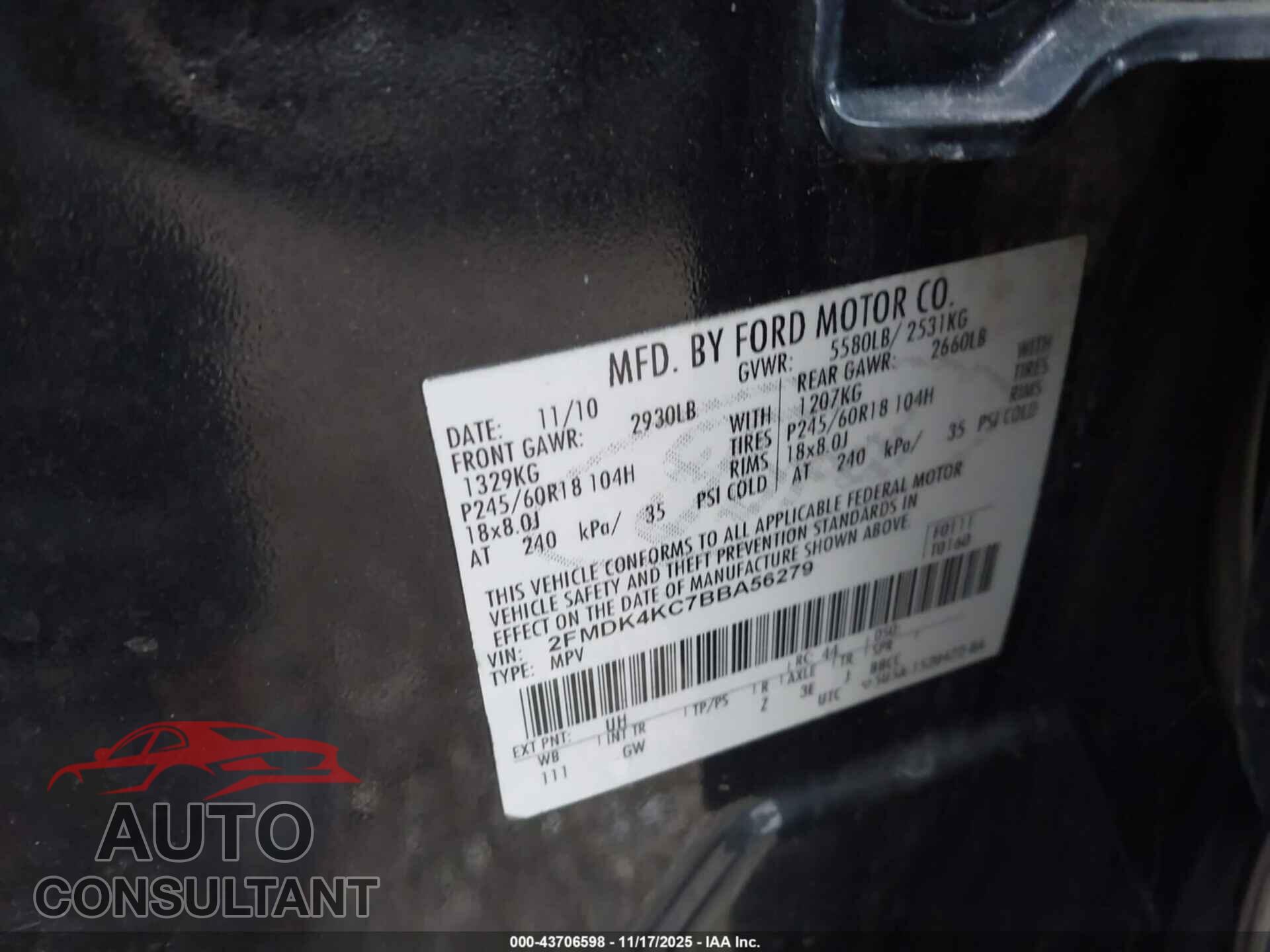 FORD EDGE 2011 - 2FMDK4KC7BBA56279