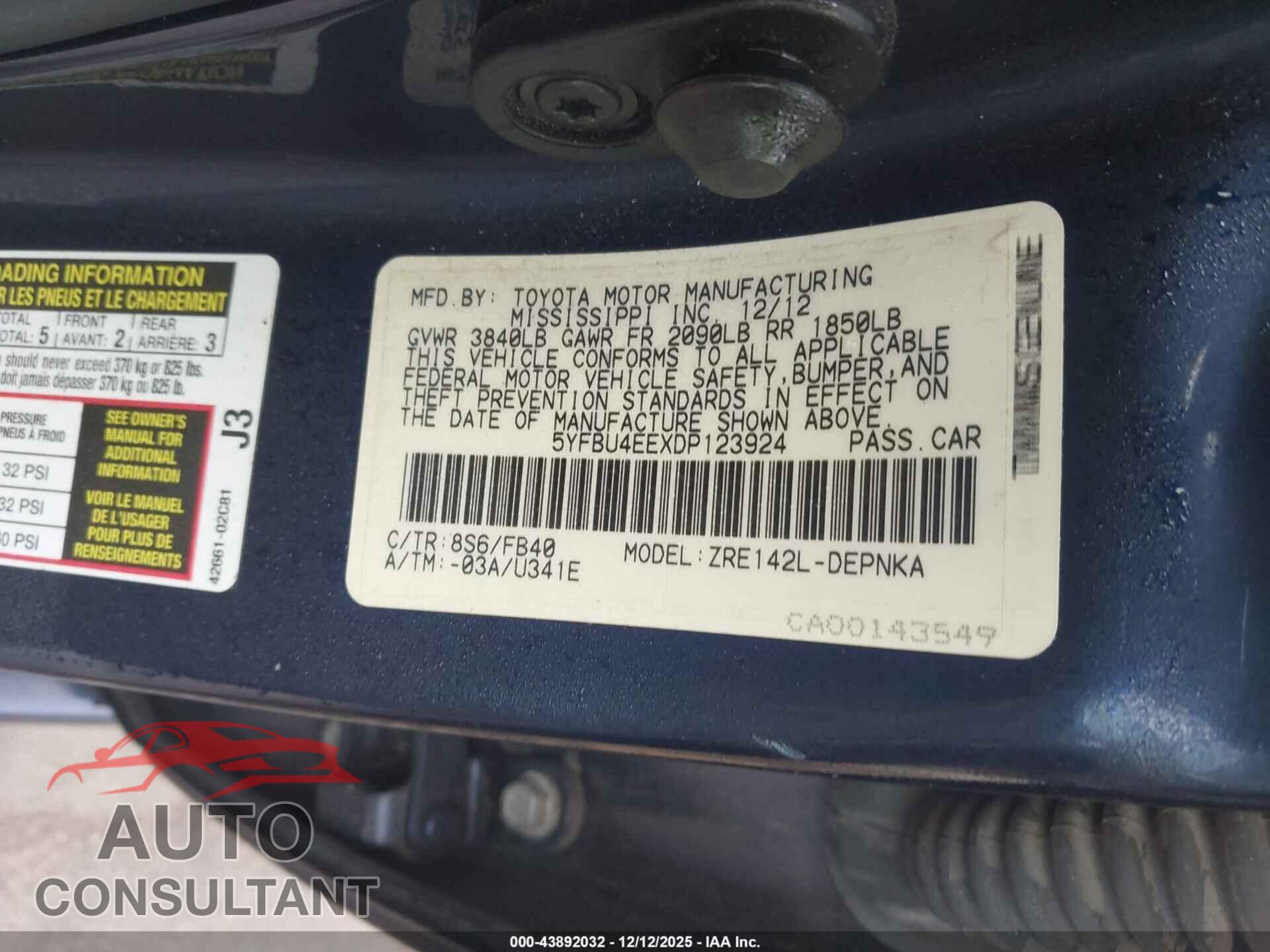 TOYOTA COROLLA 2013 - 5YFBU4EEXDP123924