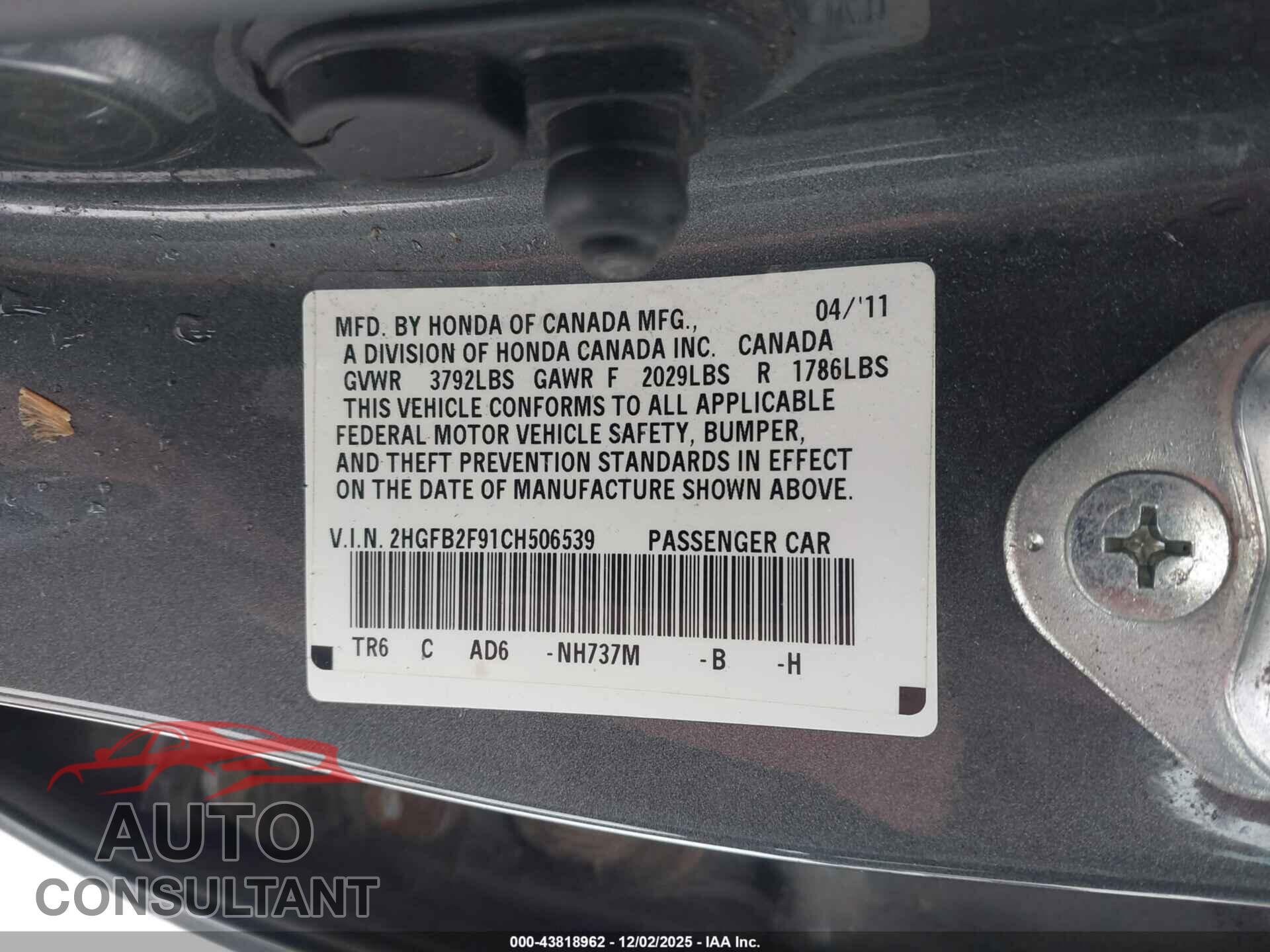 HONDA CIVIC 2012 - 2HGFB2F91CH506539