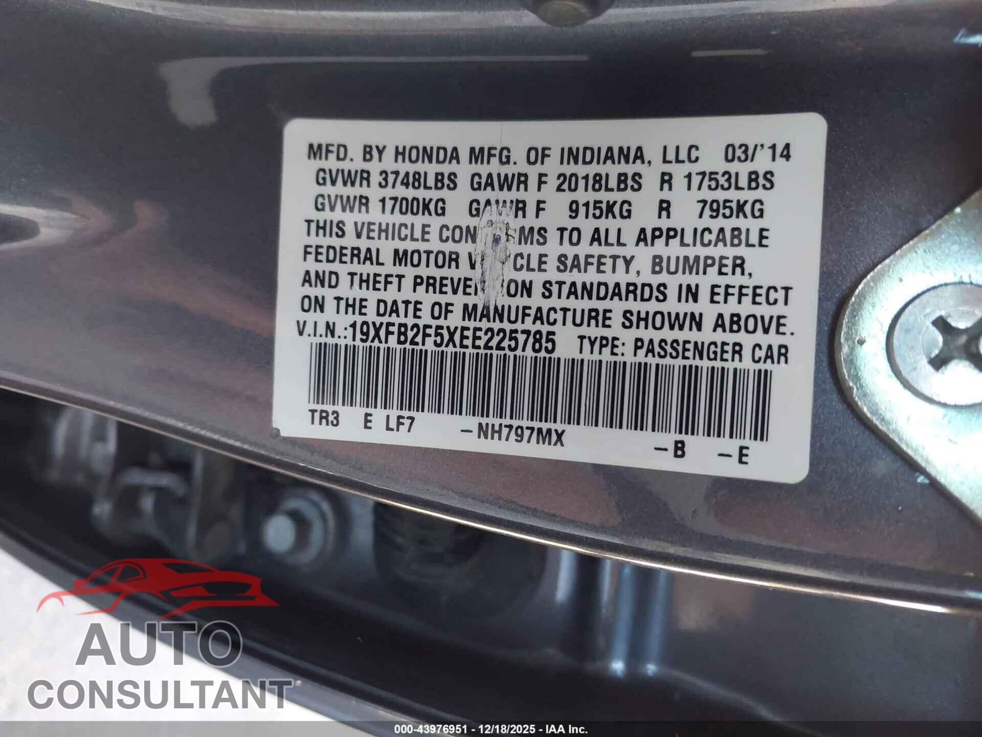HONDA CIVIC 2014 - 19XFB2F5XEE225785