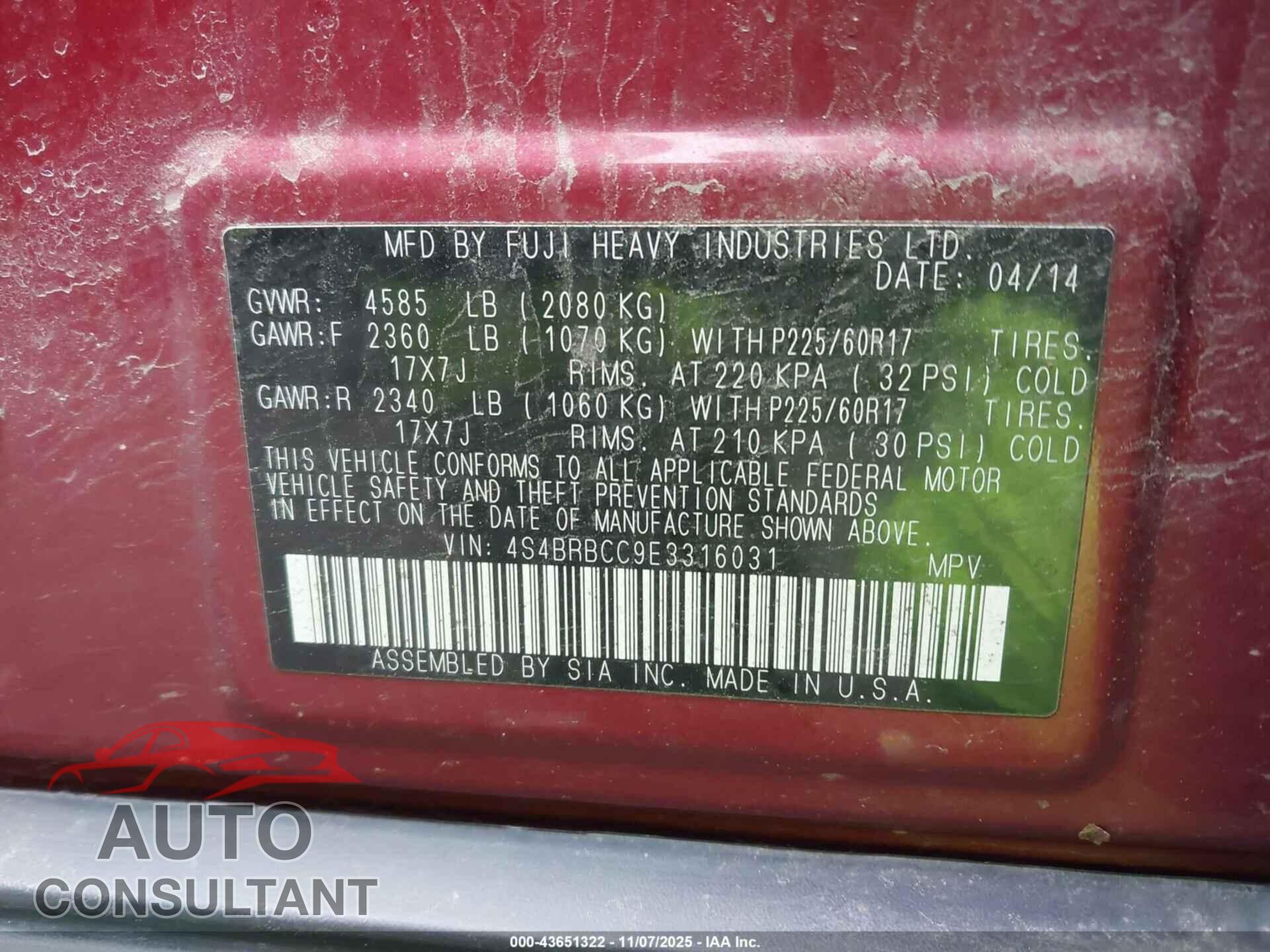 SUBARU OUTBACK 2014 - 4S4BRBCC9E3316031