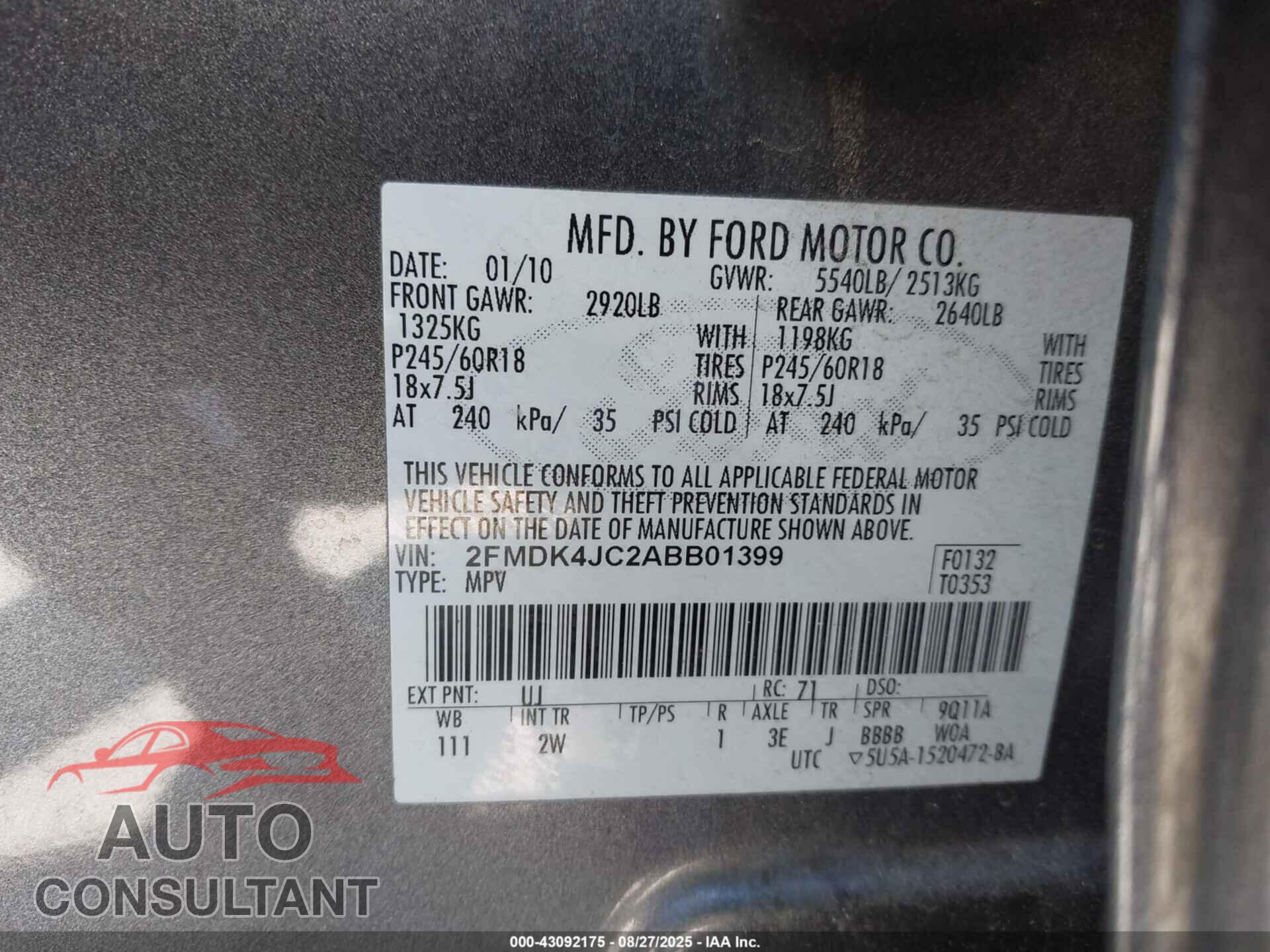 FORD EDGE 2010 - 2FMDK4JC2ABB01399