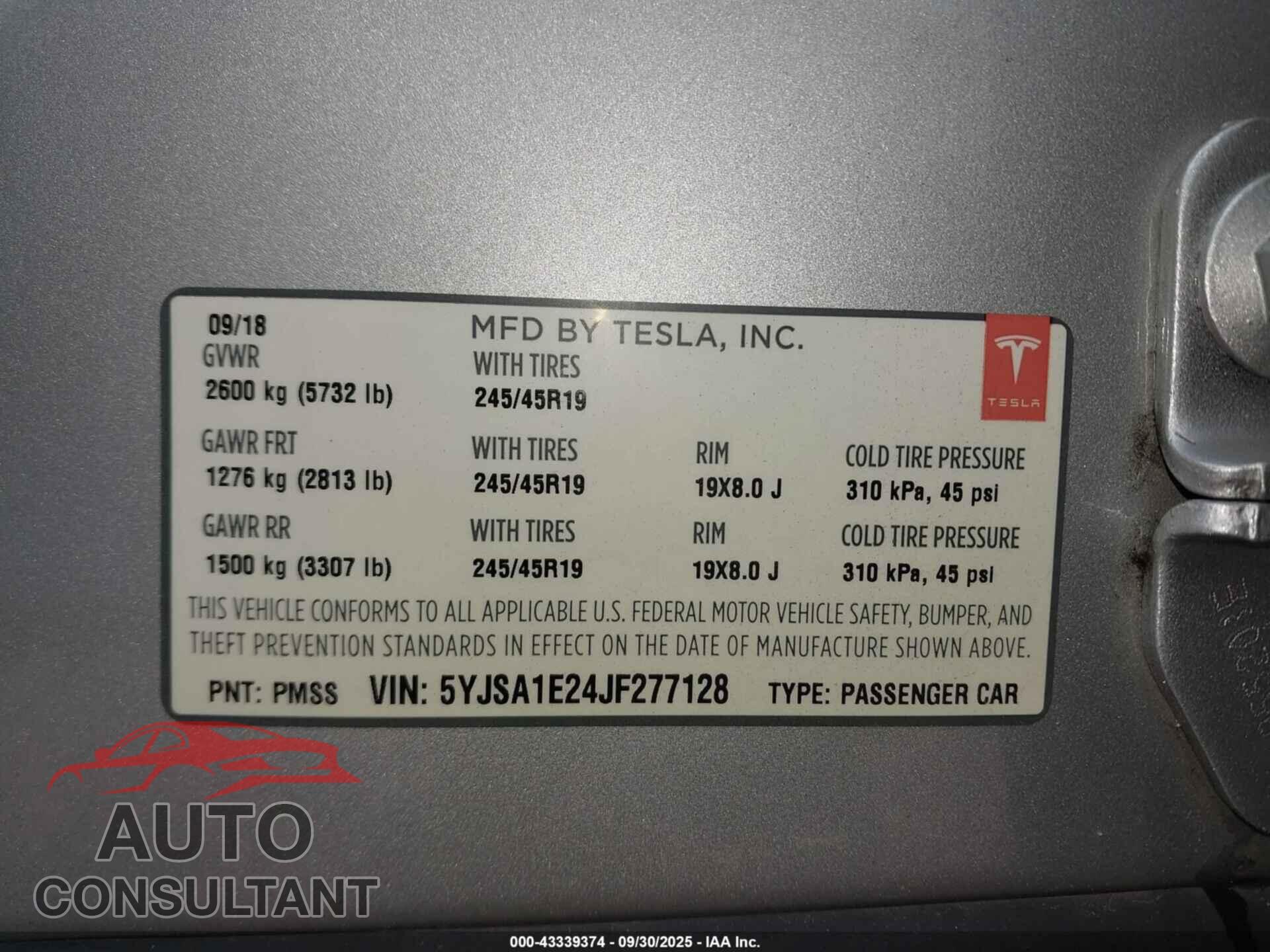 TESLA MODEL S 2018 - 5YJSA1E24JF277128