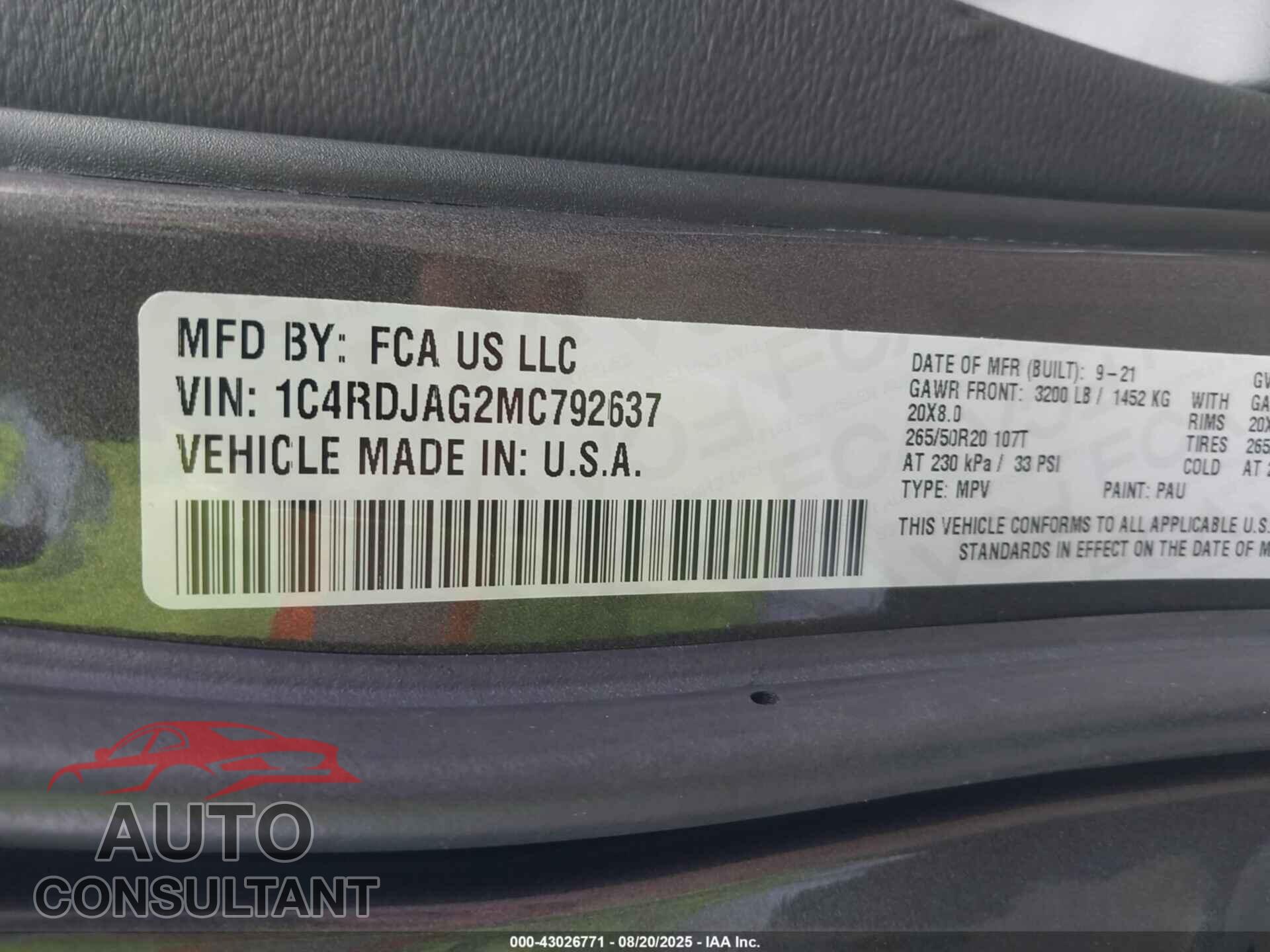 DODGE DURANGO 2021 - 1C4RDJAG2MC792637