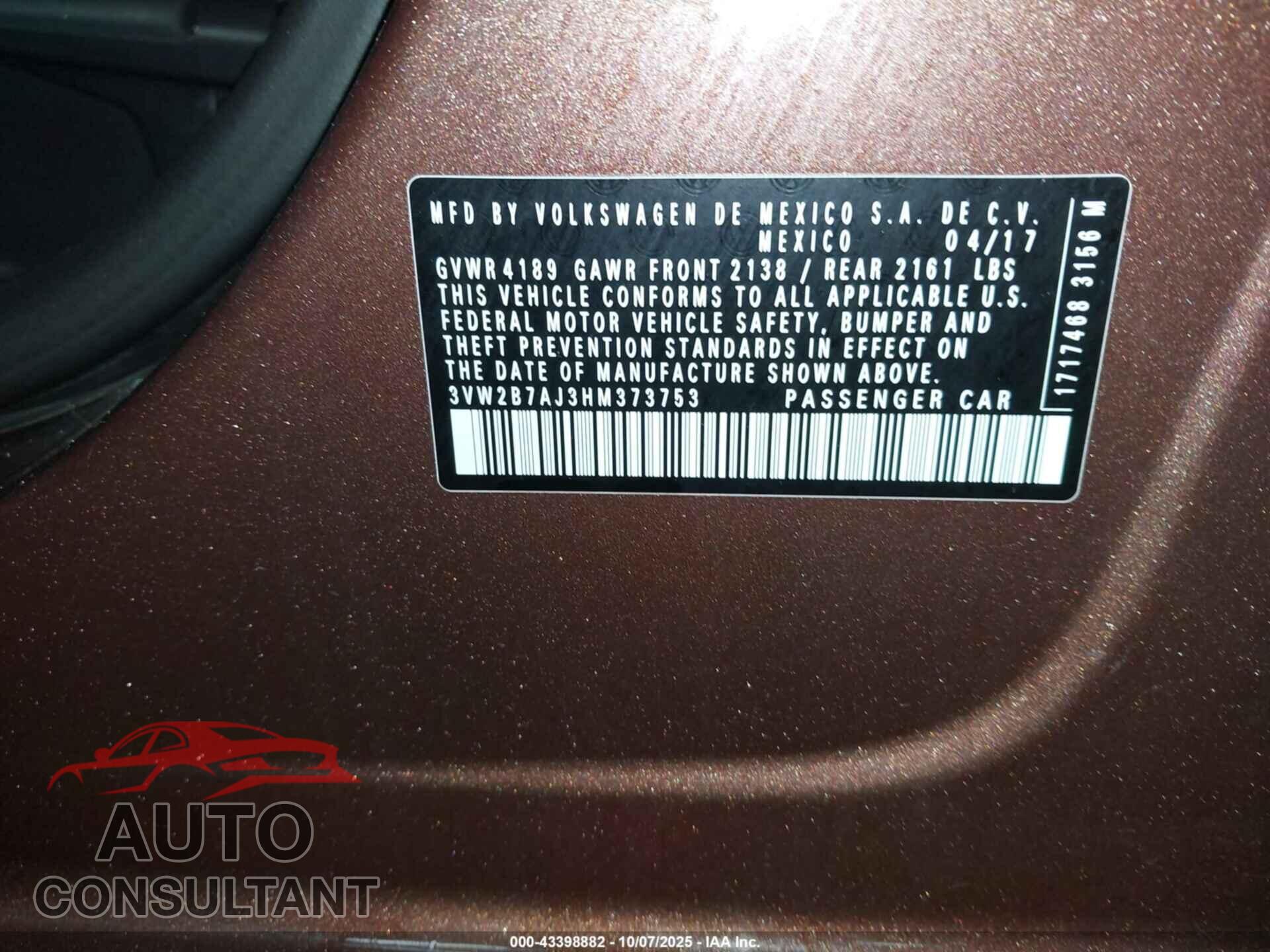 VOLKSWAGEN JETTA 2017 - 3VW2B7AJ3HM373753