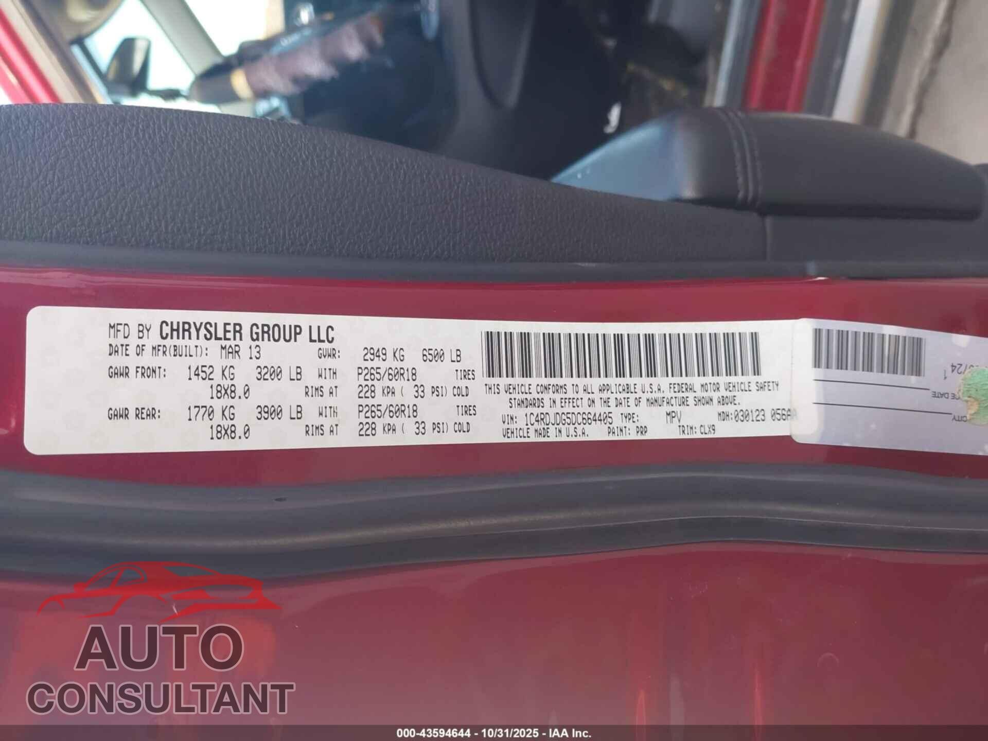 DODGE DURANGO 2013 - 1C4RDJDG5DC664405