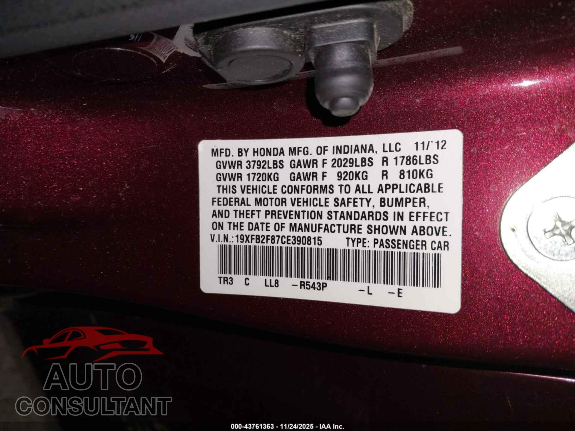 HONDA CIVIC 2012 - 19XFB2F87CE390815