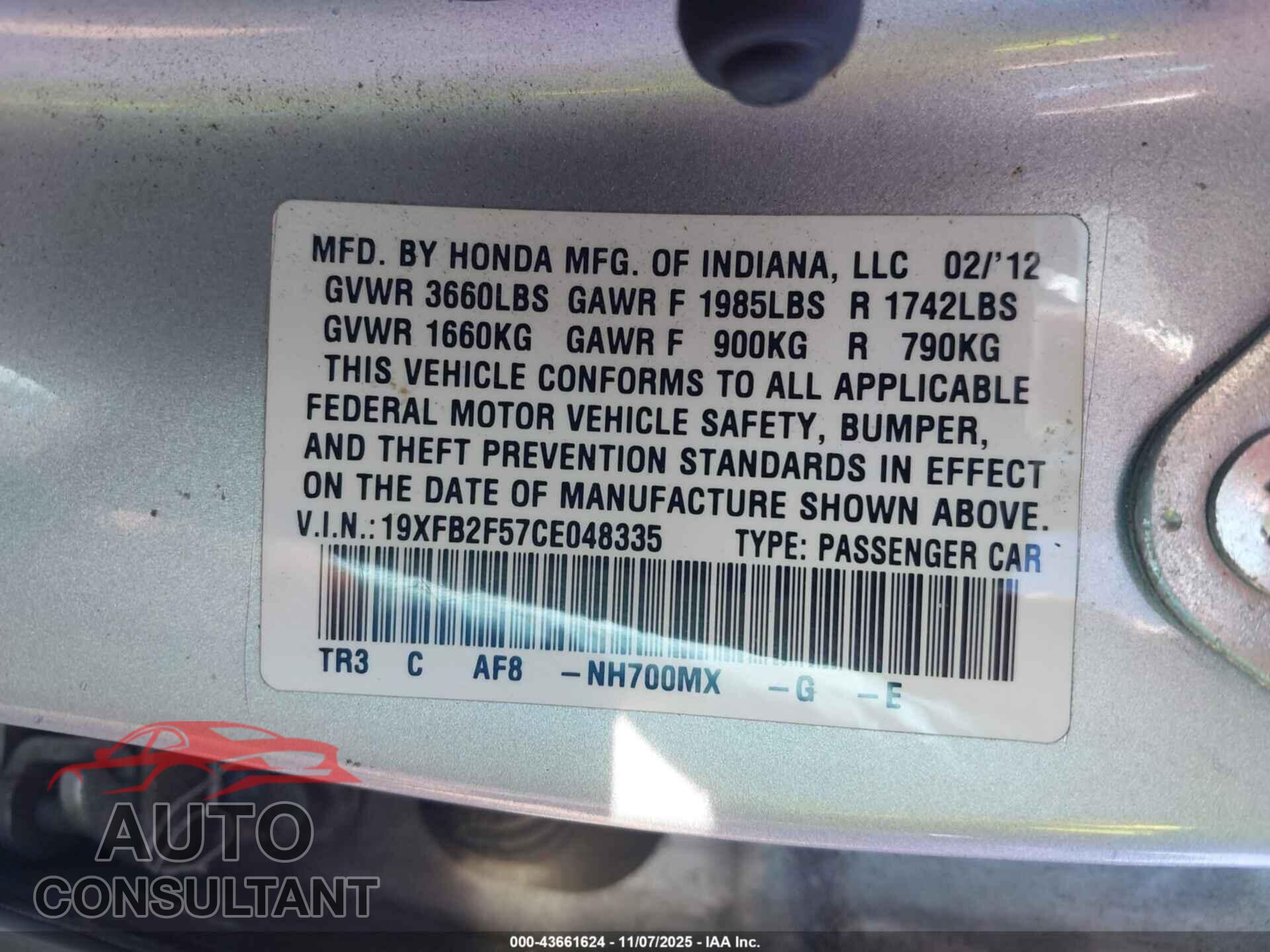 HONDA CIVIC 2012 - 19XFB2F57CE048335