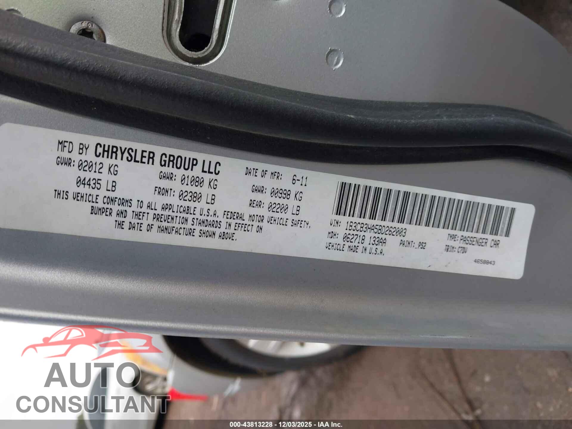 DODGE CALIBER 2011 - 1B3CB3HA5BD262003