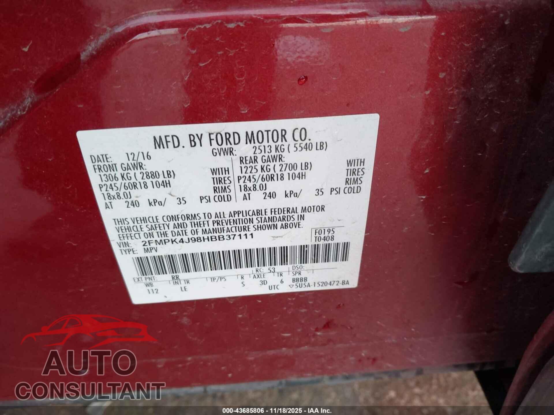 FORD EDGE 2017 - 2FMPK4J98HBB37111