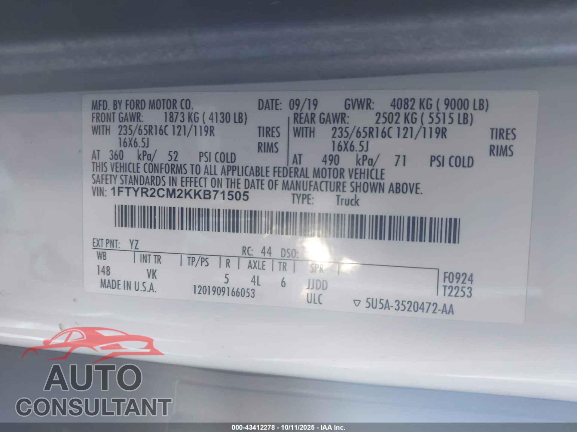 FORD TRANSIT-250 2019 - 1FTYR2CM2KKB71505