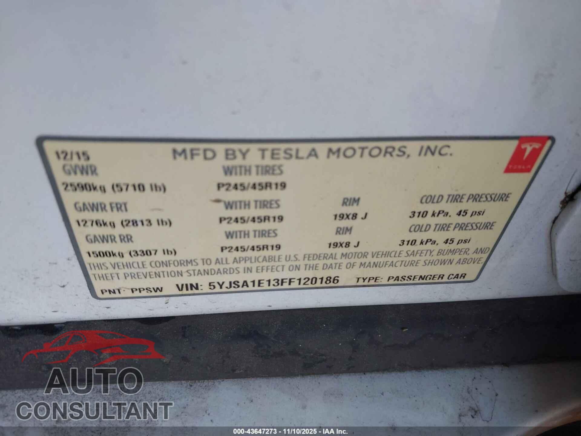 TESLA MODEL S 2015 - 5YJSA1E13FF120186