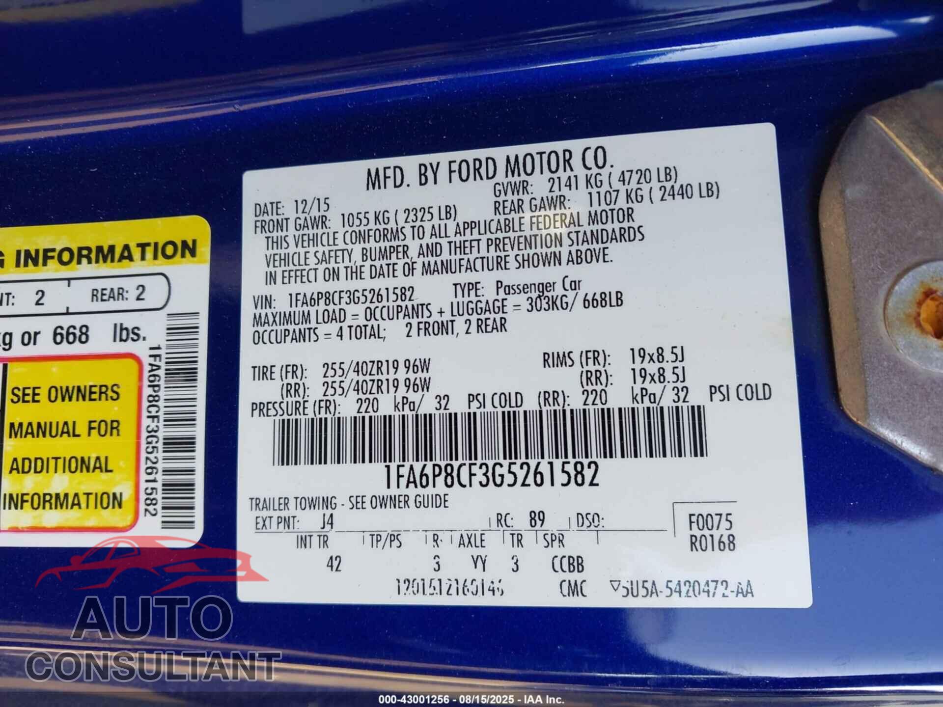 FORD MUSTANG 2016 - 1FA6P8CF3G5261582