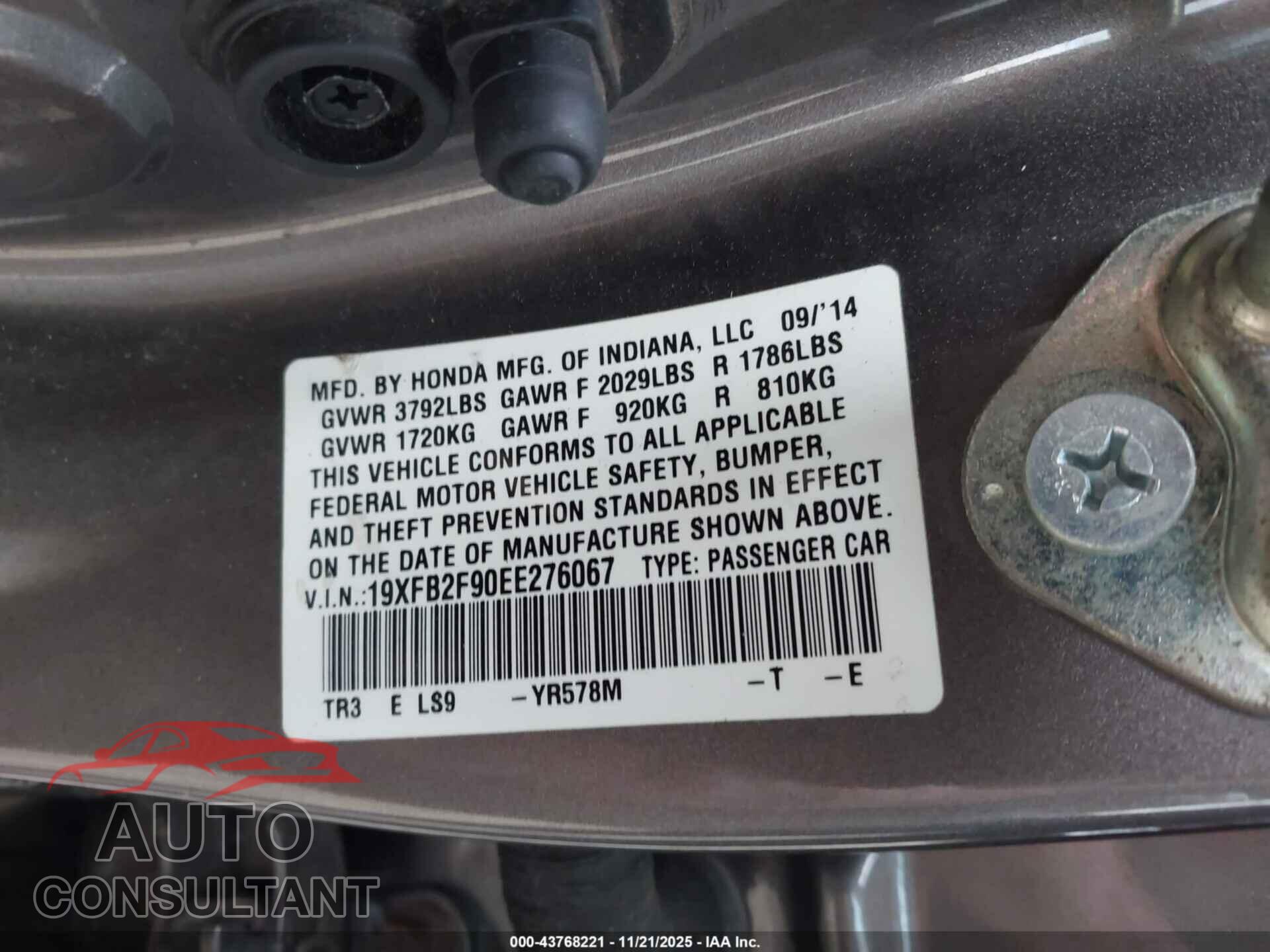 HONDA CIVIC 2014 - 19XFB2F90EE276067
