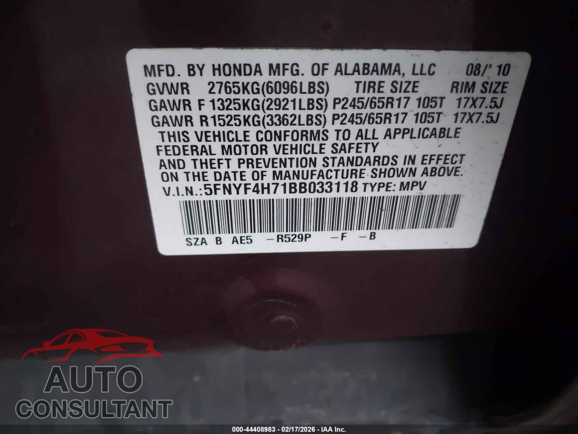 HONDA PILOT 2011 - 5FNYF4H71BB033118