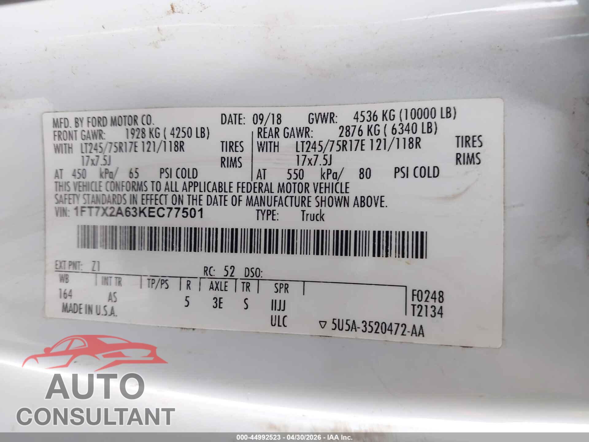 FORD F-250 2019 - 1FT7X2A63KEC77501