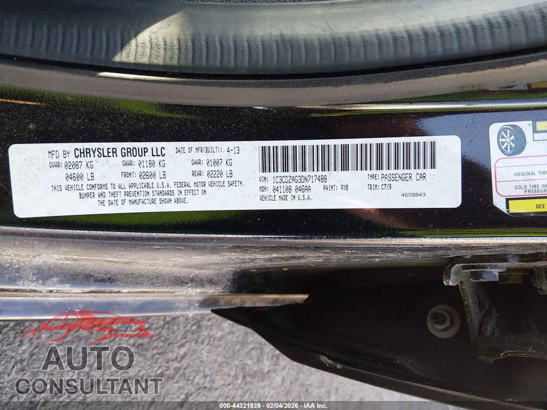 DODGE AVENGER 2013 - 1C3CDZAG3DN717488