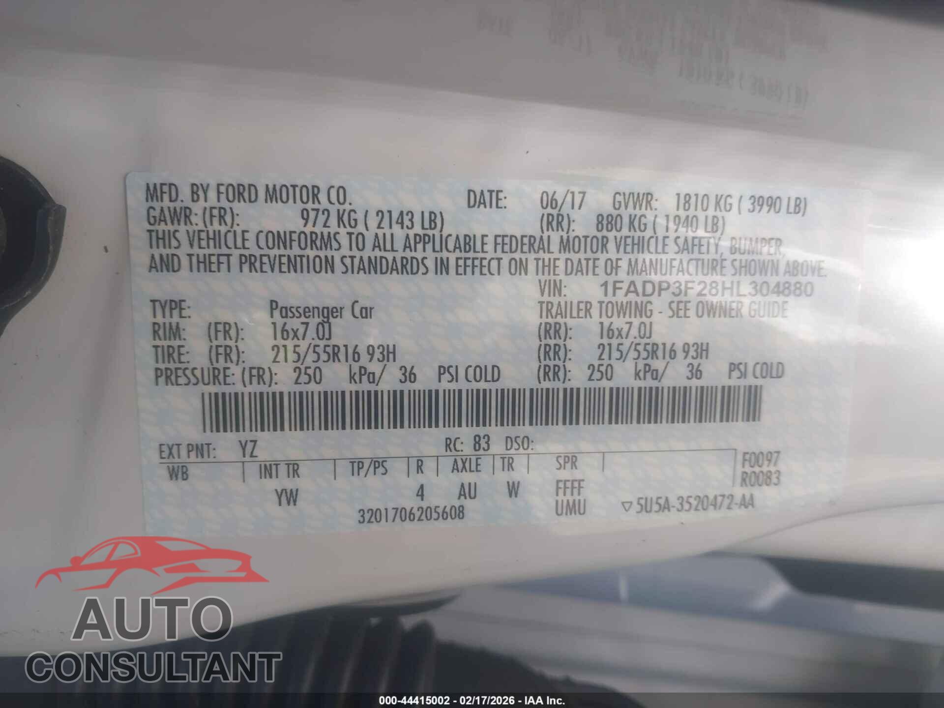 FORD FOCUS 2017 - 1FADP3F28HL304880