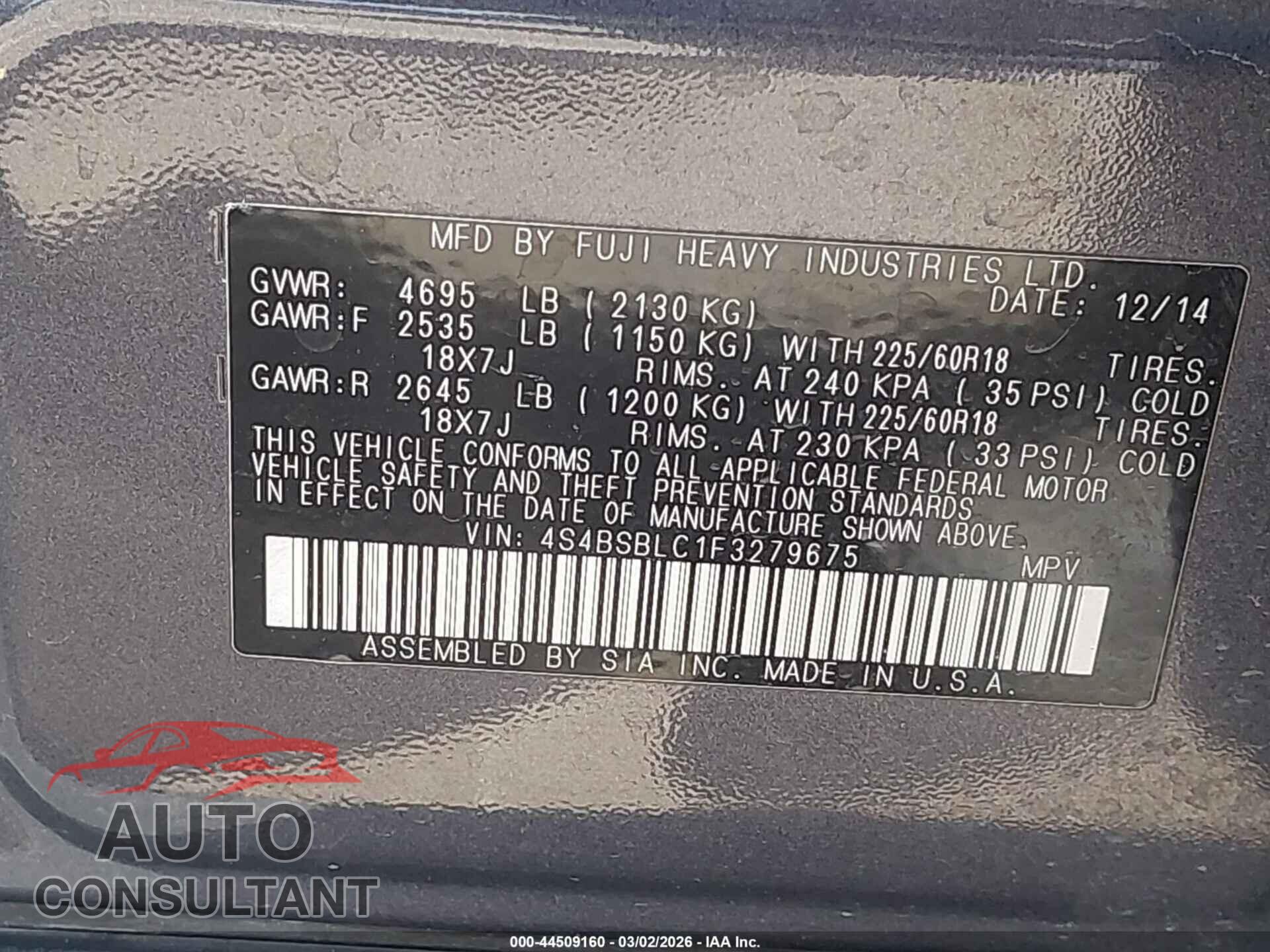 SUBARU OUTBACK 2015 - 4S4BSBLC1F3279675
