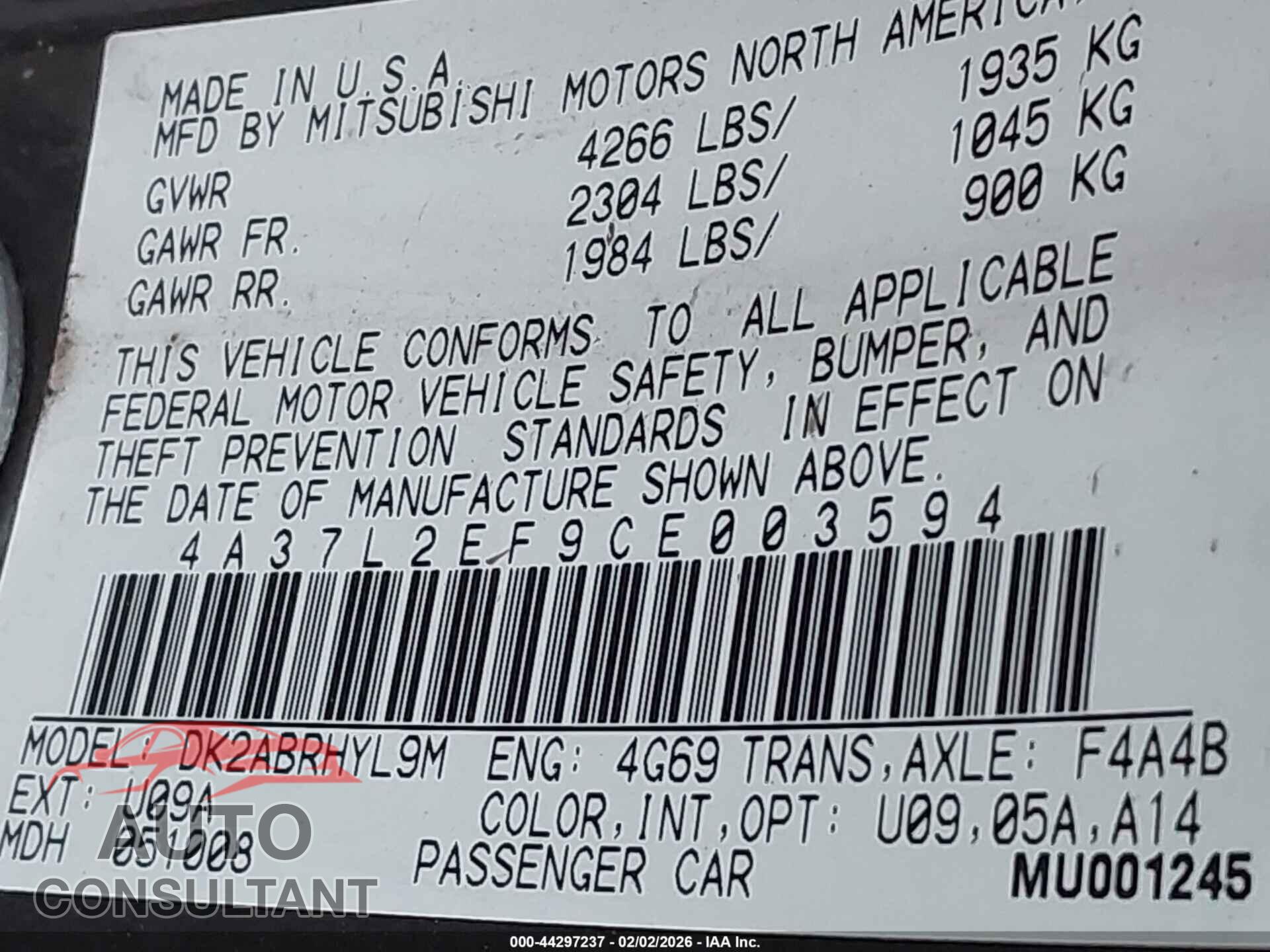 MITSUBISHI ECLIPSE SPYDER 2012 - 4A37L2EF9CE003594