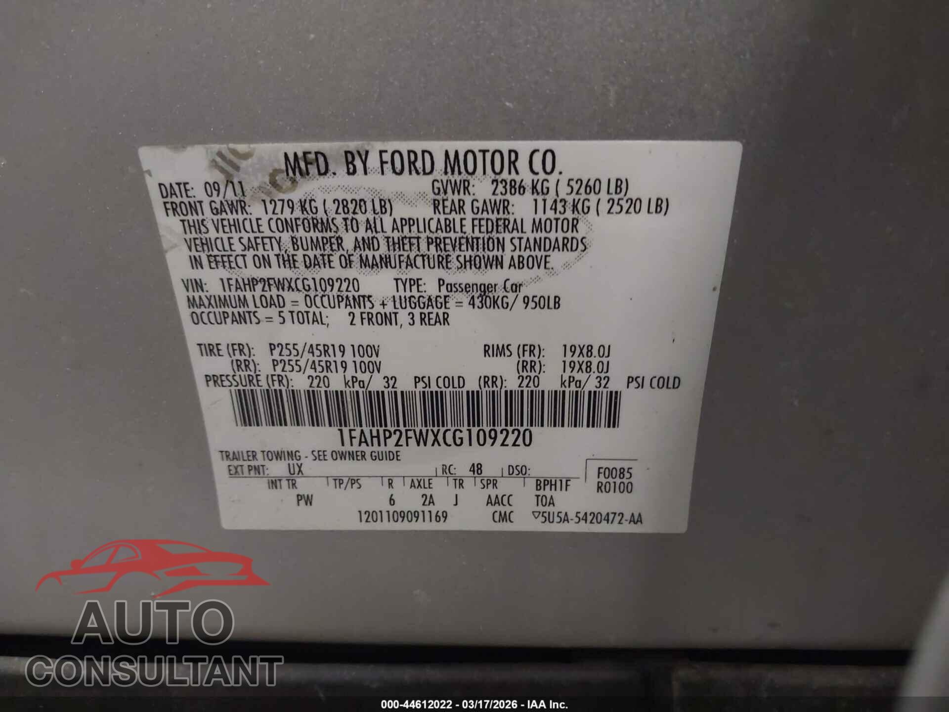 FORD TAURUS 2012 - 1FAHP2FWXCG109220