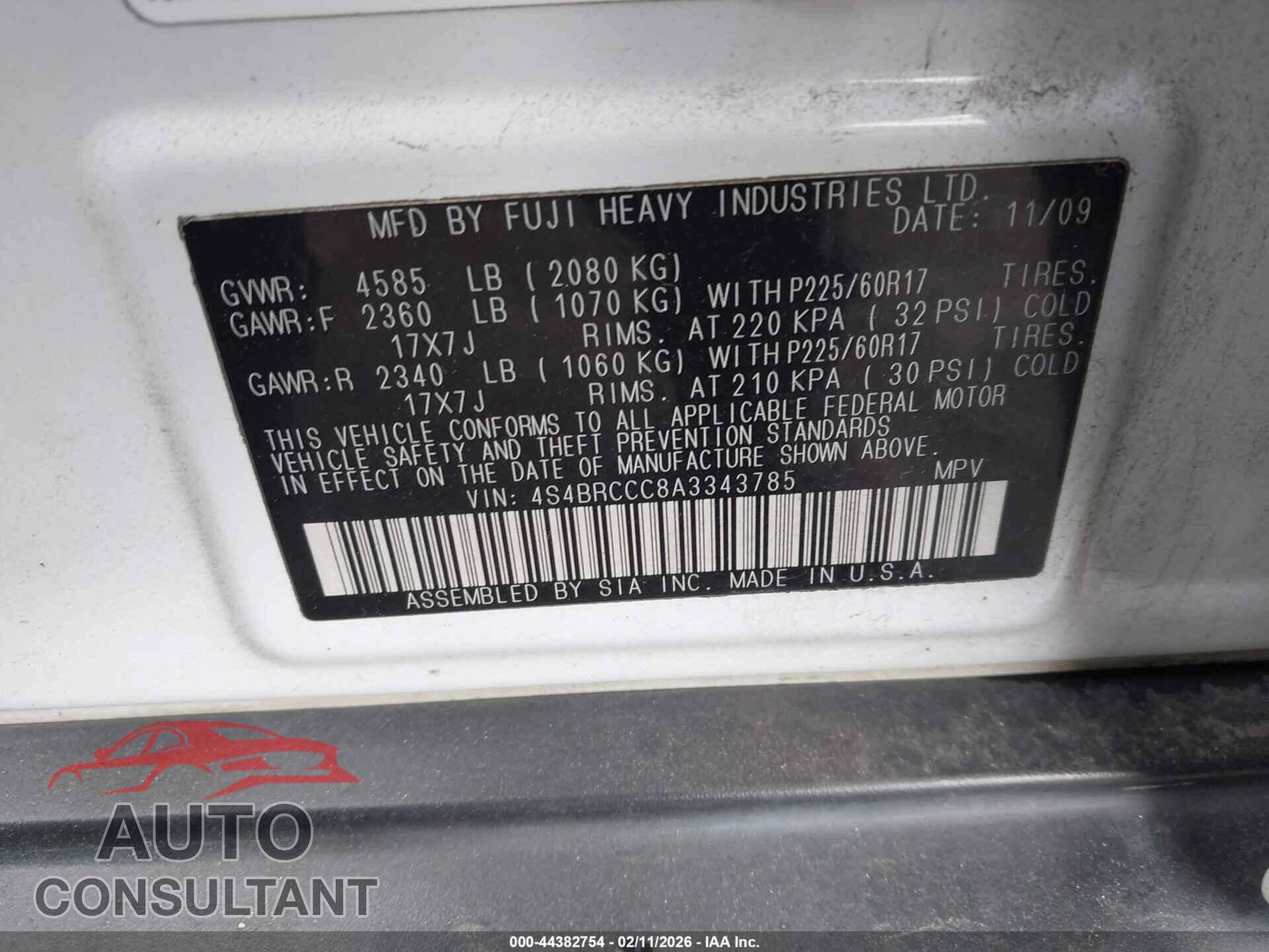 SUBARU OUTBACK 2010 - 4S4BRCCC8A3343785