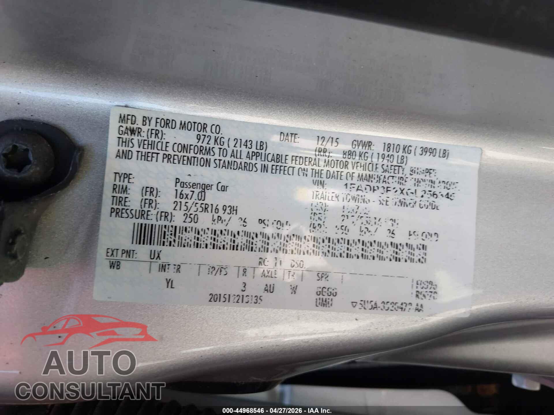 FORD FOCUS 2016 - 1FADP3F2XGL256345