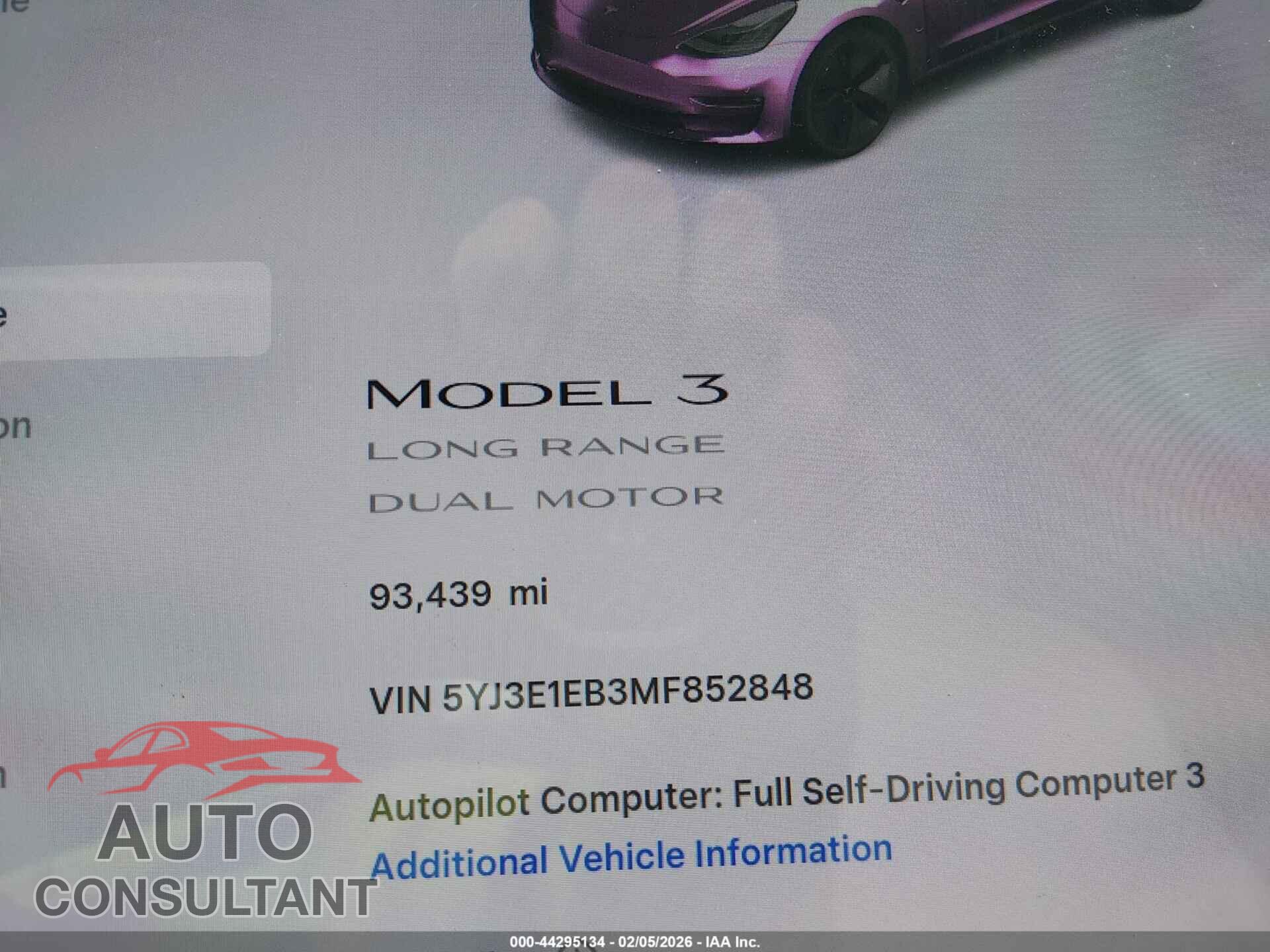 TESLA MODEL 3 2021 - 5YJ3E1EB3MF852848