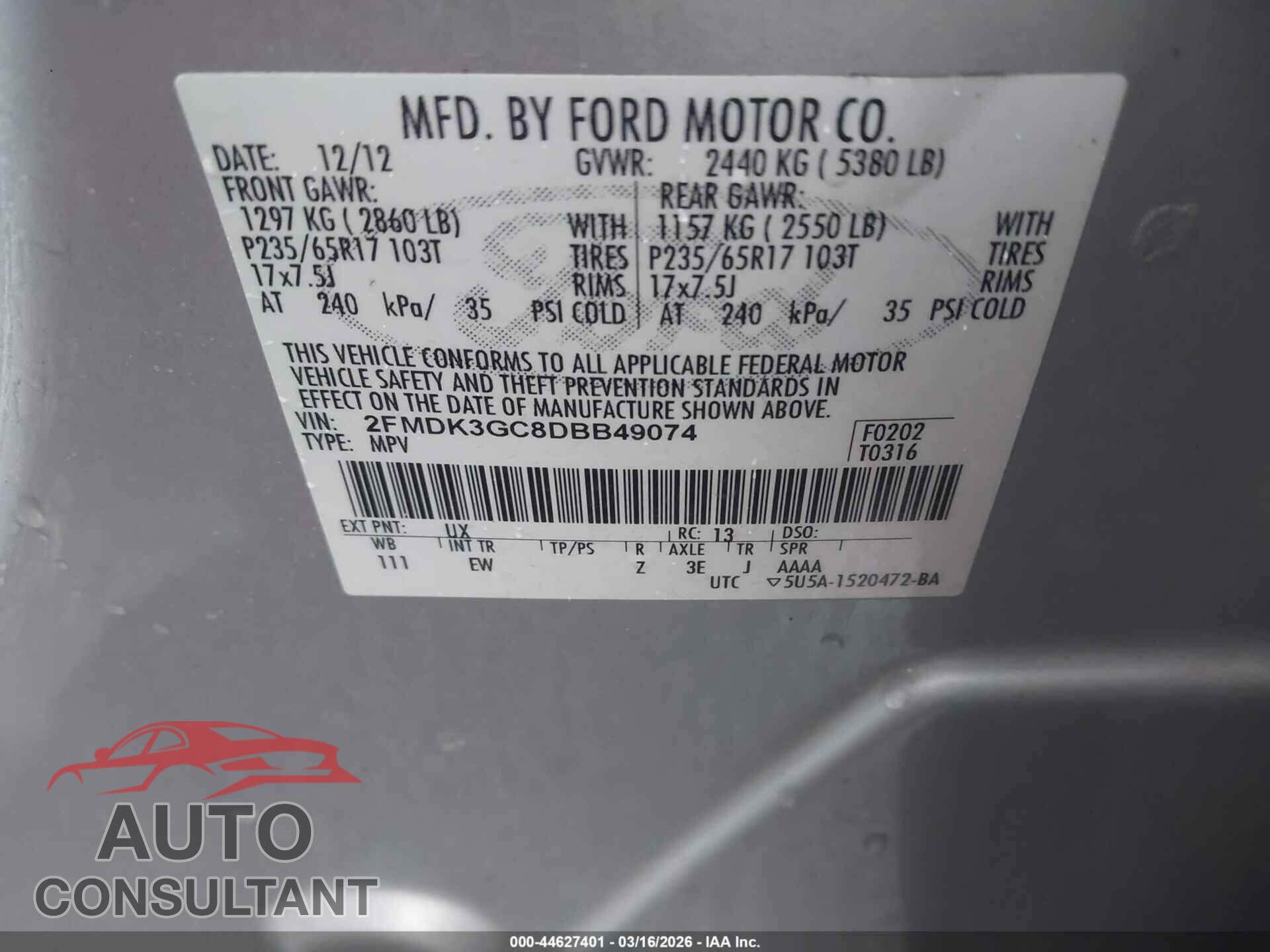 FORD EDGE 2013 - 2FMDK3GC8DBB49074