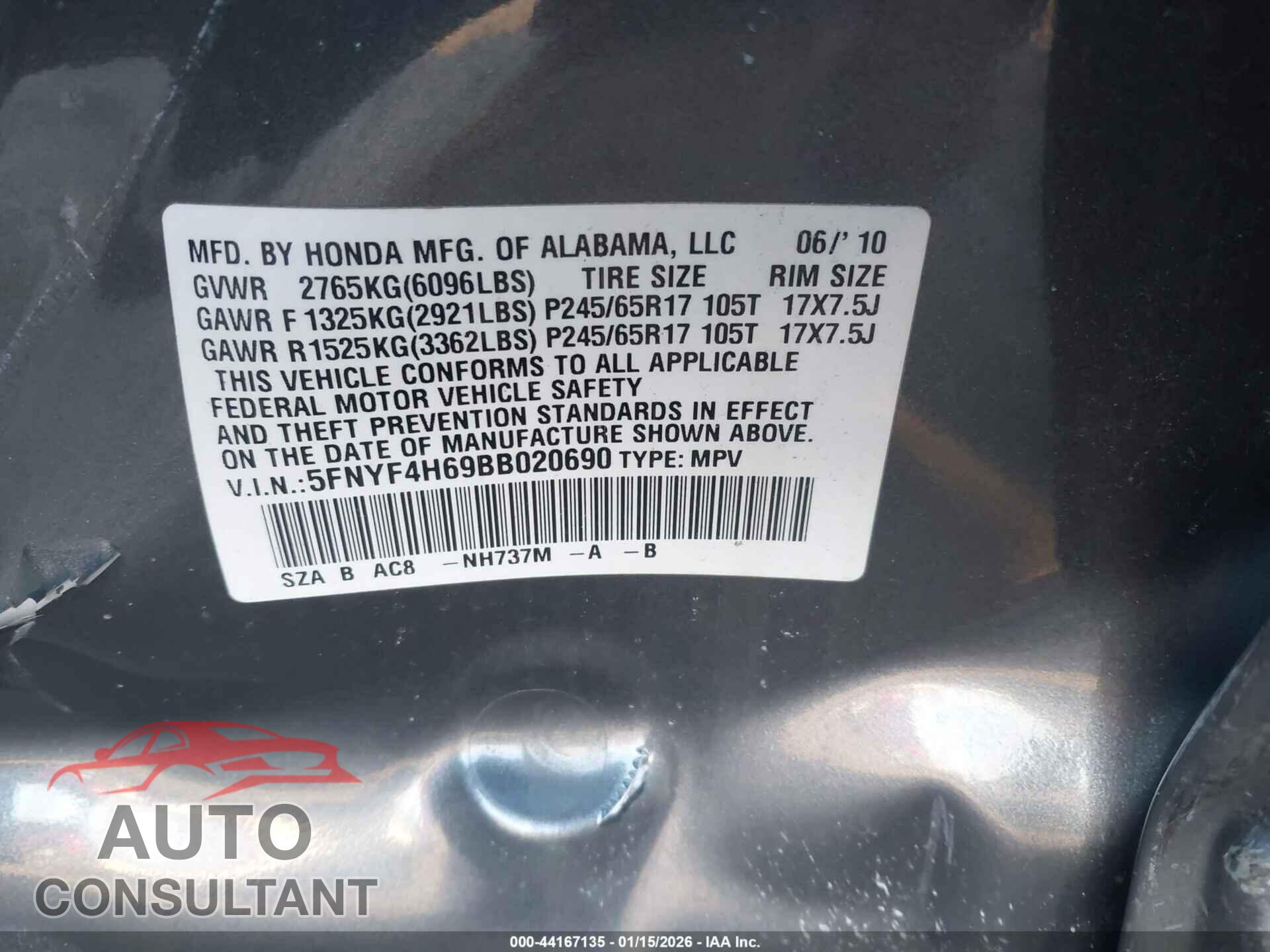 HONDA PILOT 2011 - 5FNYF4H69BB020690