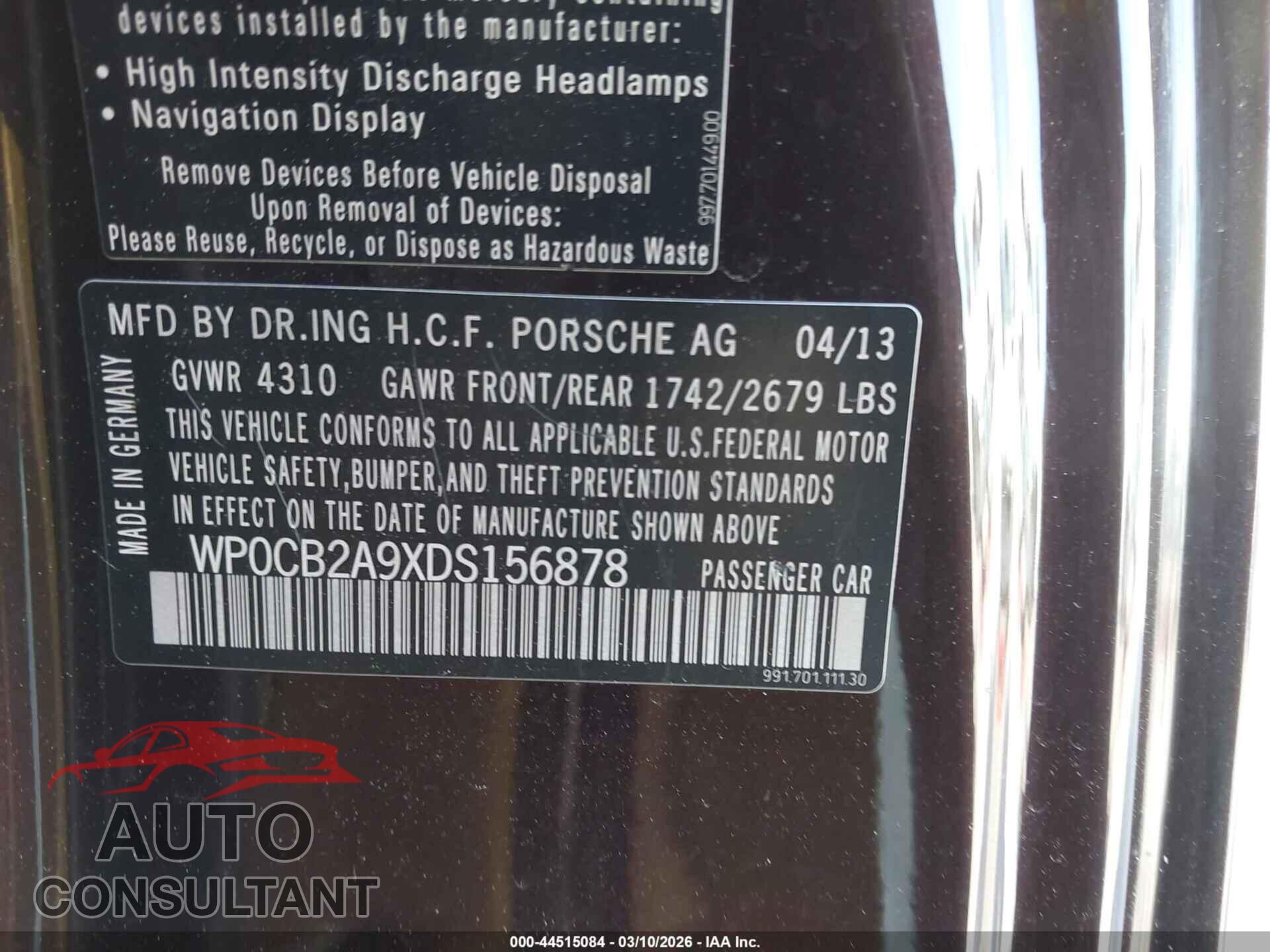 PORSCHE 911 2013 - WP0CB2A9XDS156878