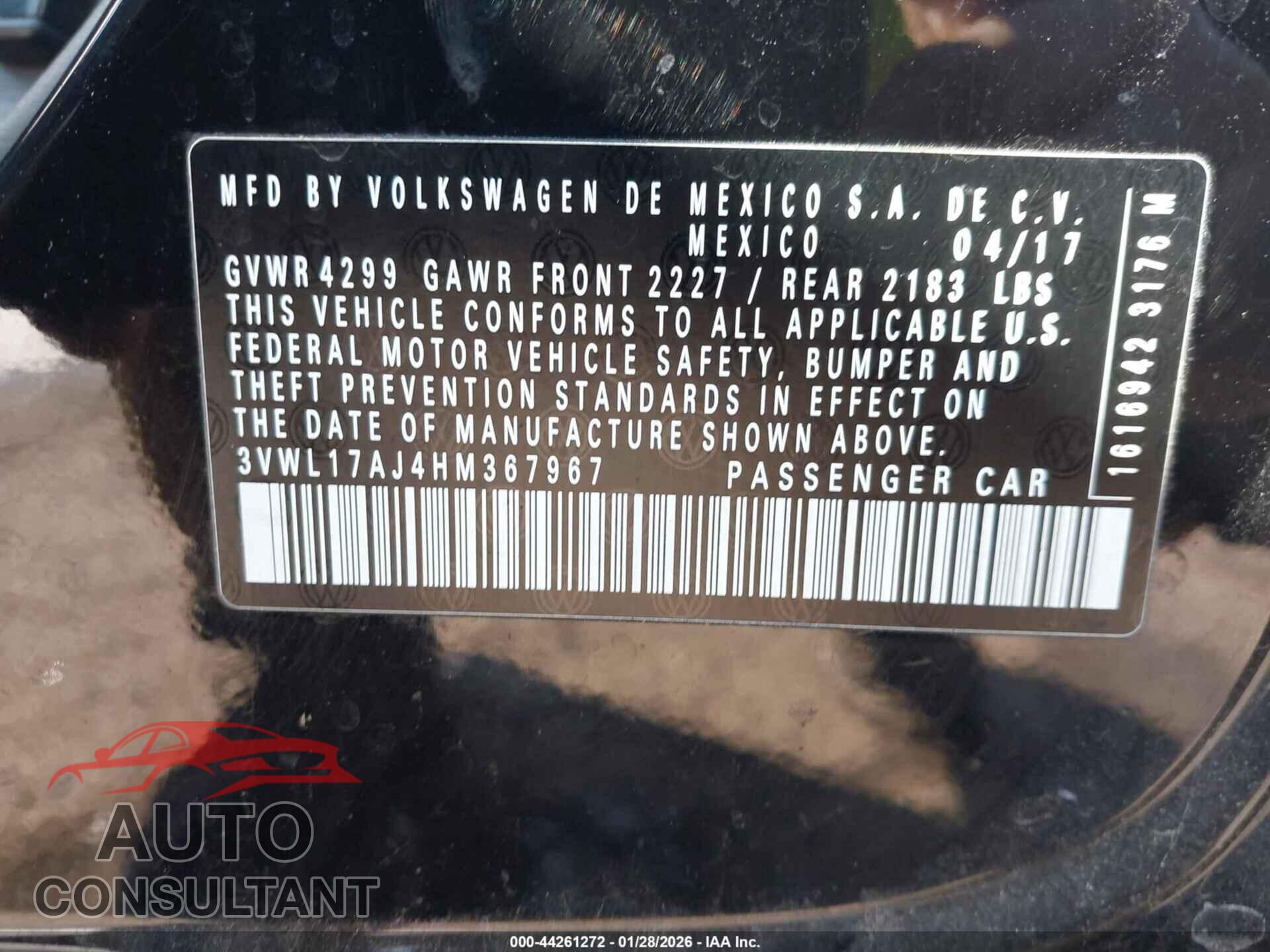 VOLKSWAGEN JETTA 2017 - 3VWL17AJ4HM367967