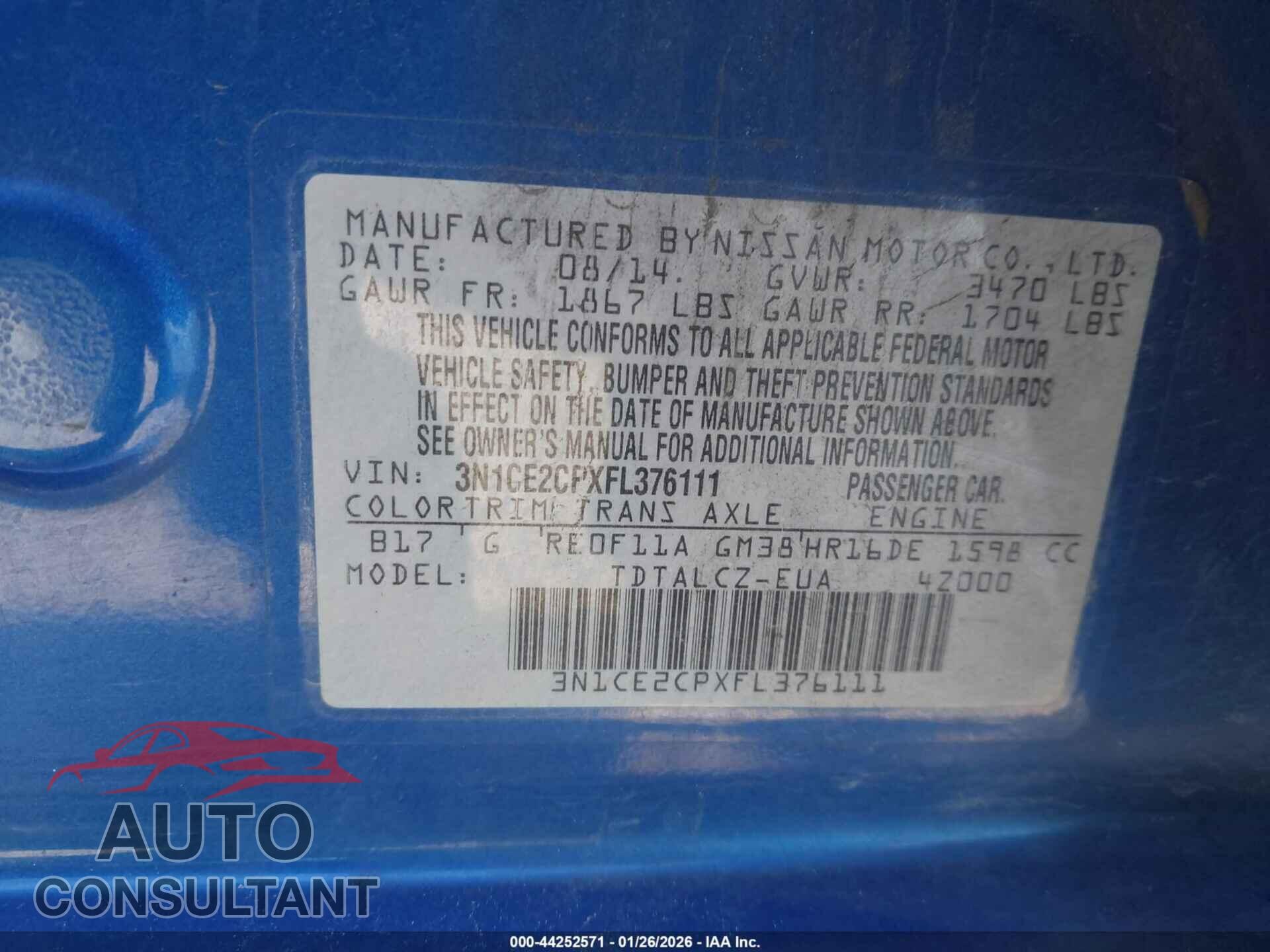 NISSAN VERSA NOTE 2015 - 3N1CE2CPXFL376111